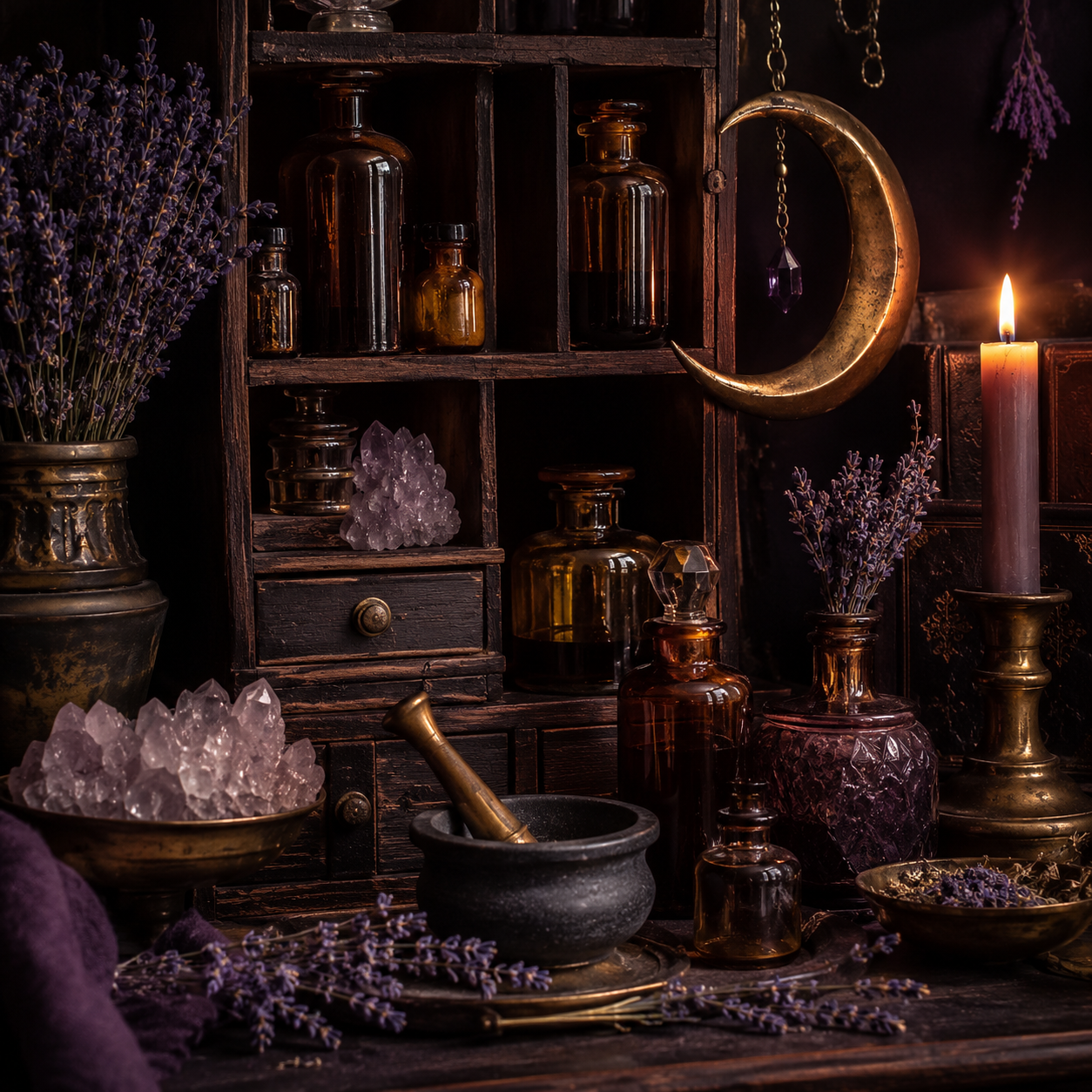 Amber apothecary bottles, dried lavender, crystals and brass crescent moon