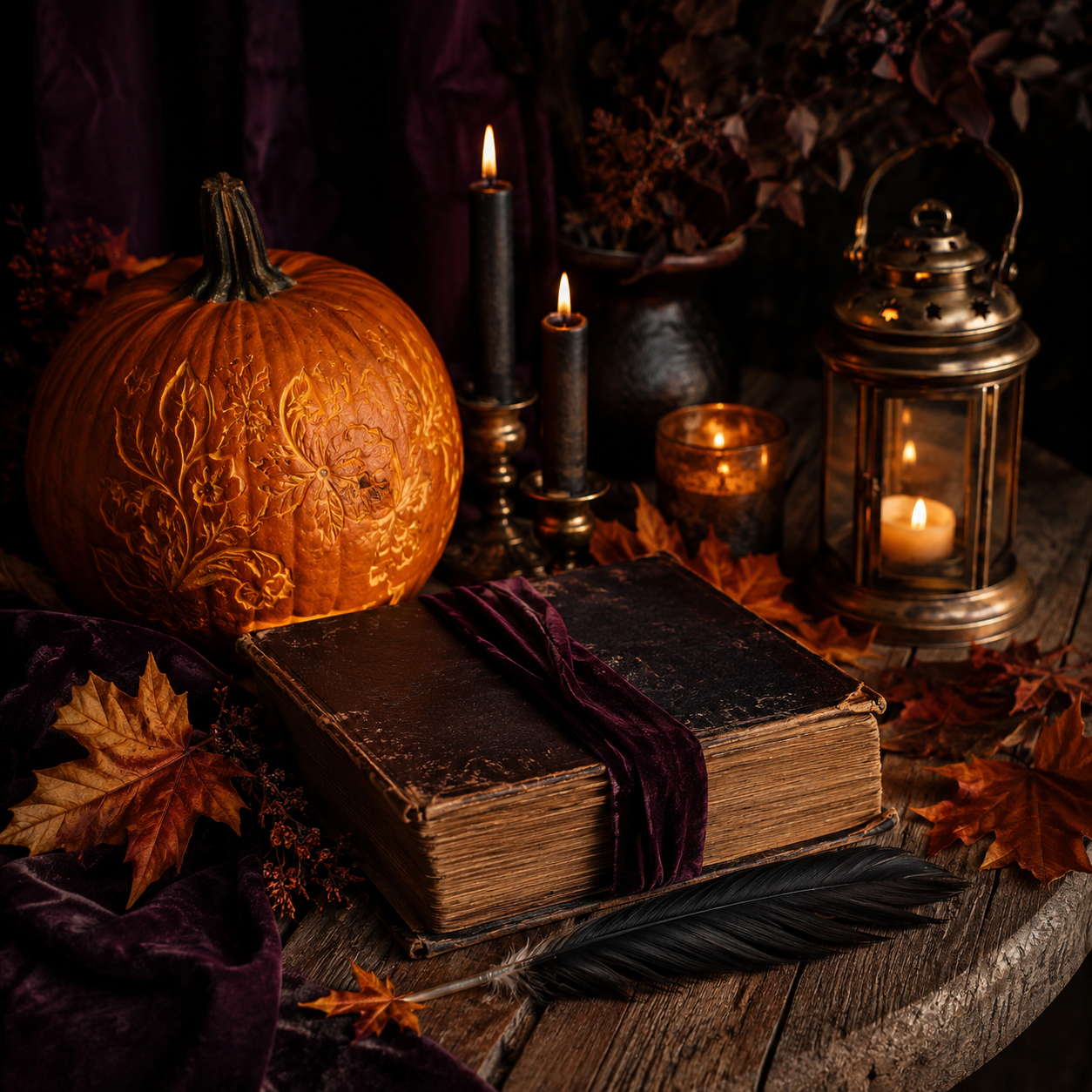 Autumn pumpkin, vintage book, velvet, candles, brass lantern and fallen leaves