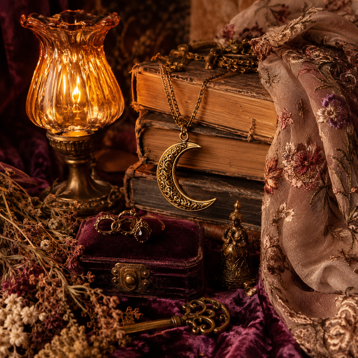 Bohemian vintage treasures with books, gold moon pendant, brass lamp, velvet and lace