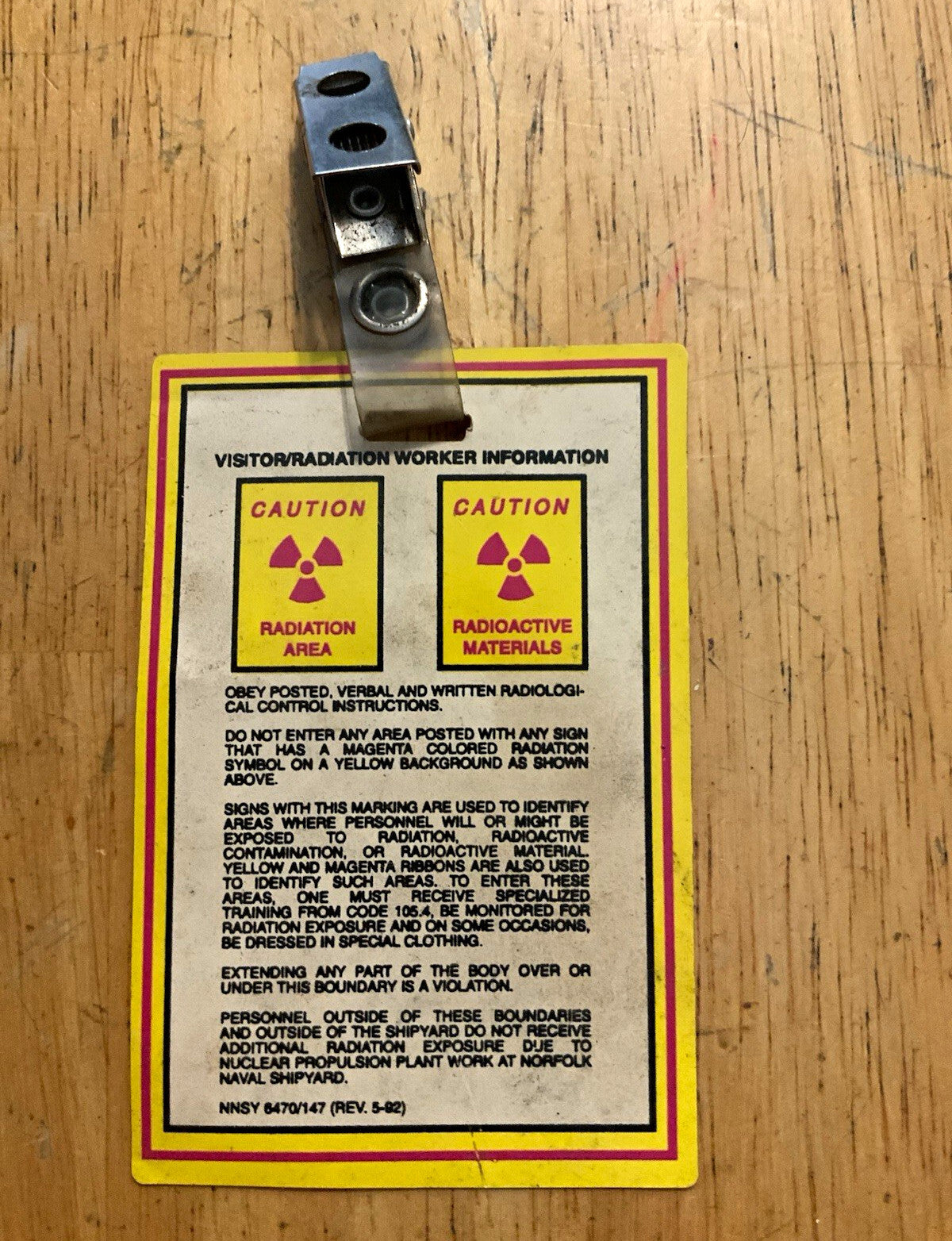 Vintage Norfolk Naval Shipyard Radiation Worker Information Badge Cold War NNSY