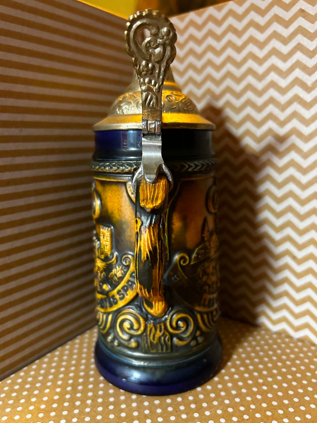 Vintage German DBGM 66 Beer Stein with Pewter Lid and Tavern Scenes