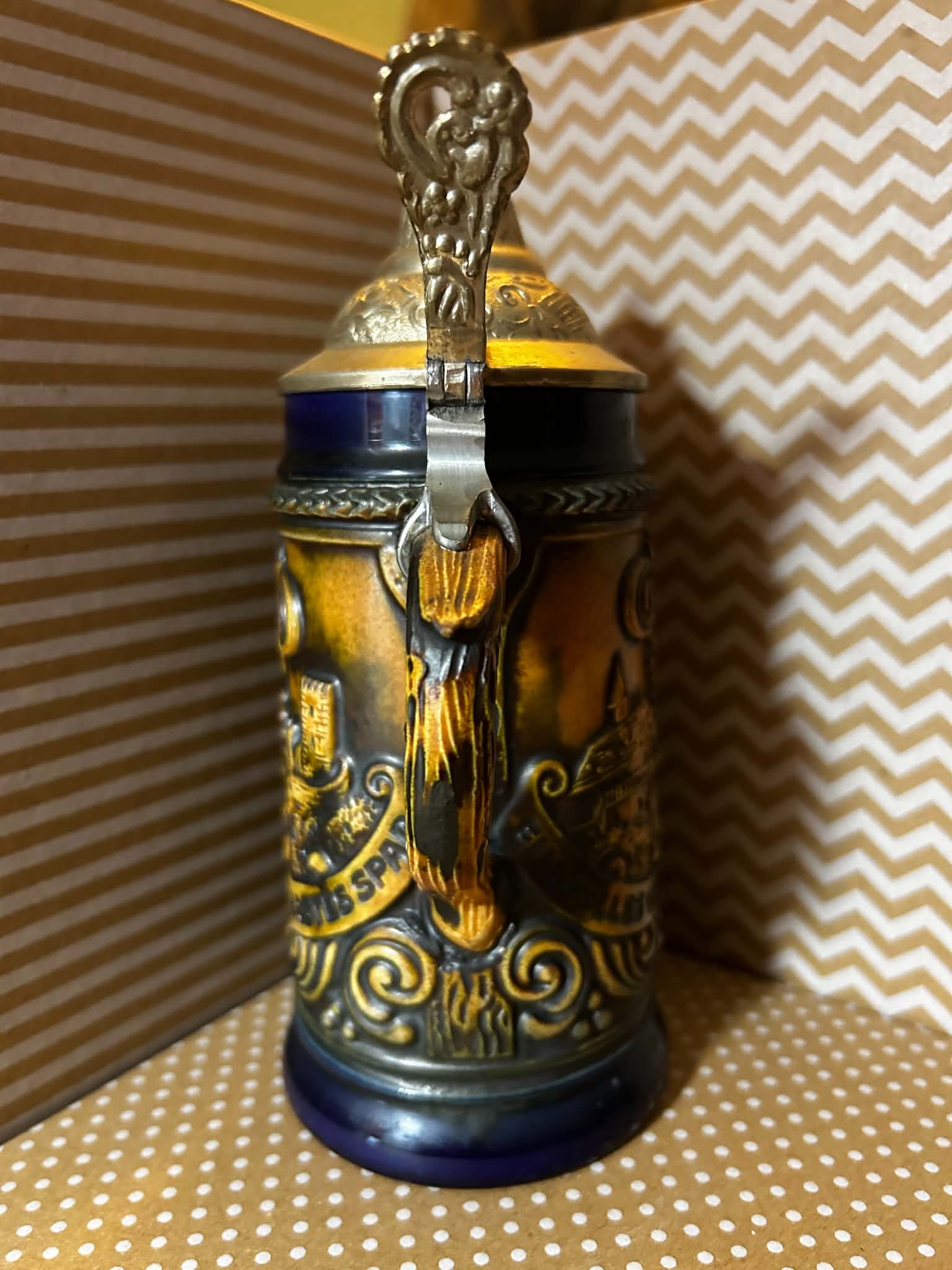 Vintage German DBGM 66 Beer Stein with Pewter Lid and Tavern Scenes