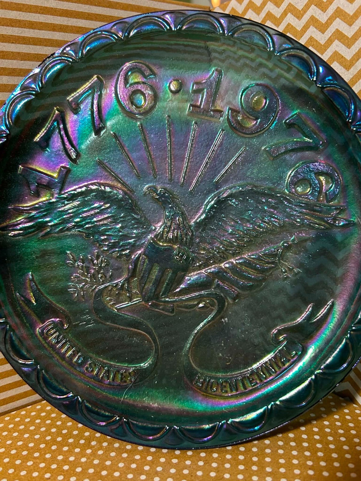 Vintage Indiana Glass Blue Carnival Eagle Plate Bicentennial 1776-1976