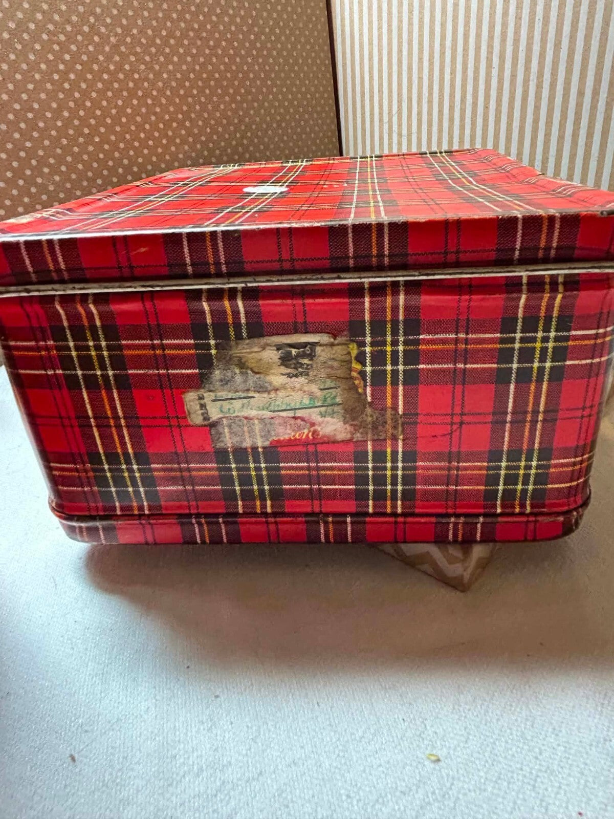 Vintage Aladdin Red Plaid Metal Lunchbox Thermos Safety First School