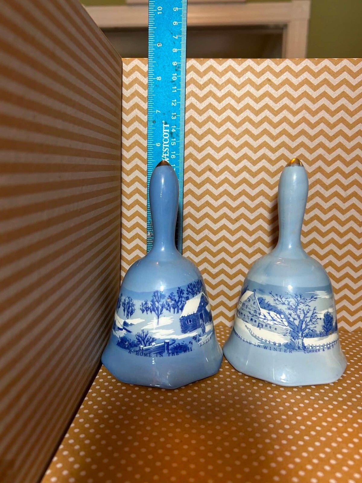 Vintage Currier & Ives Blue Ceramic Bells Price Products Taiwan Pair