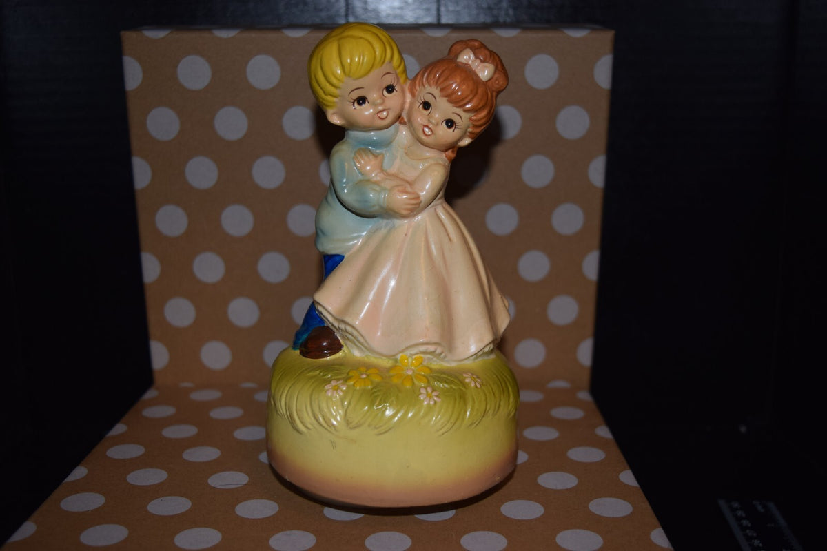 Vintage Boy Girl Dancing Working Music Box Ceramic Figurine Nursery Decor