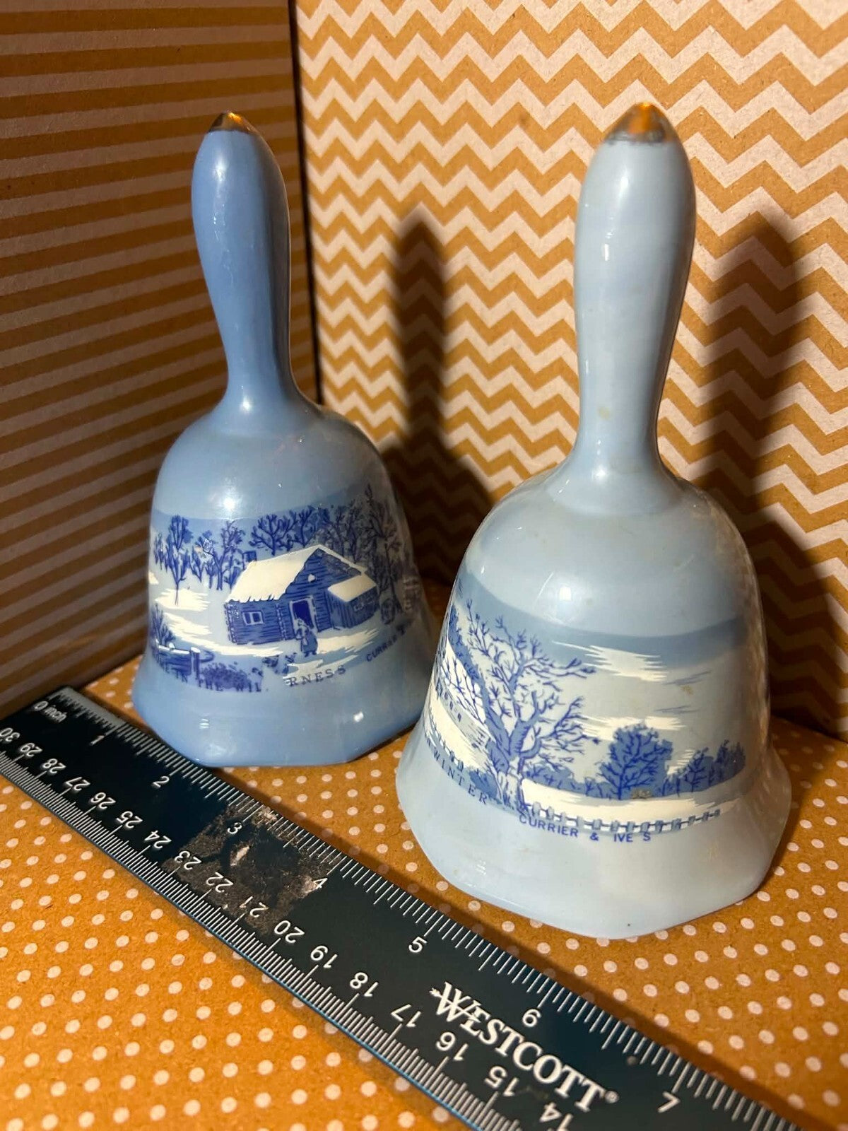 Vintage Currier & Ives Blue Ceramic Bells Price Products Taiwan Pair