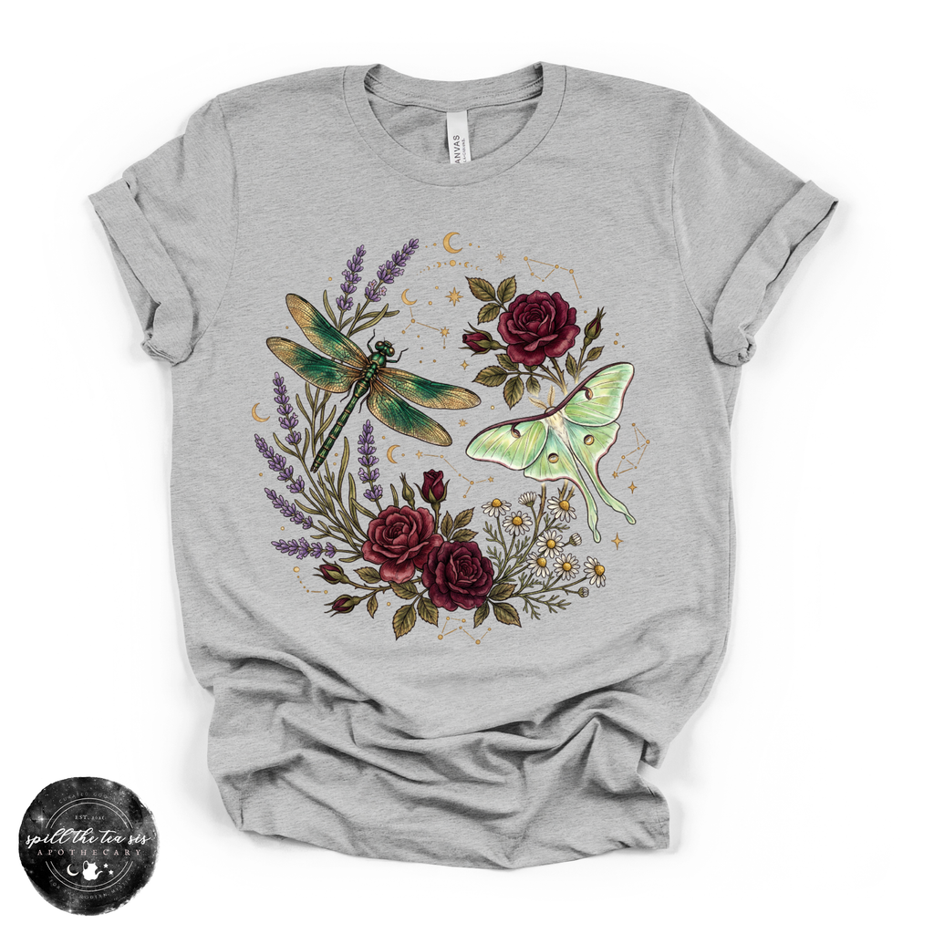 Dragonfly & Moth Rose Tee | Botanical Nature Graphic T-Shirt