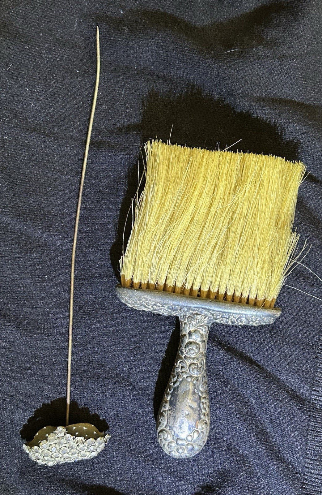 Vintage Ornate Metal Handle Natural Bristle Brush & Rhinestone Hat Stick Pin