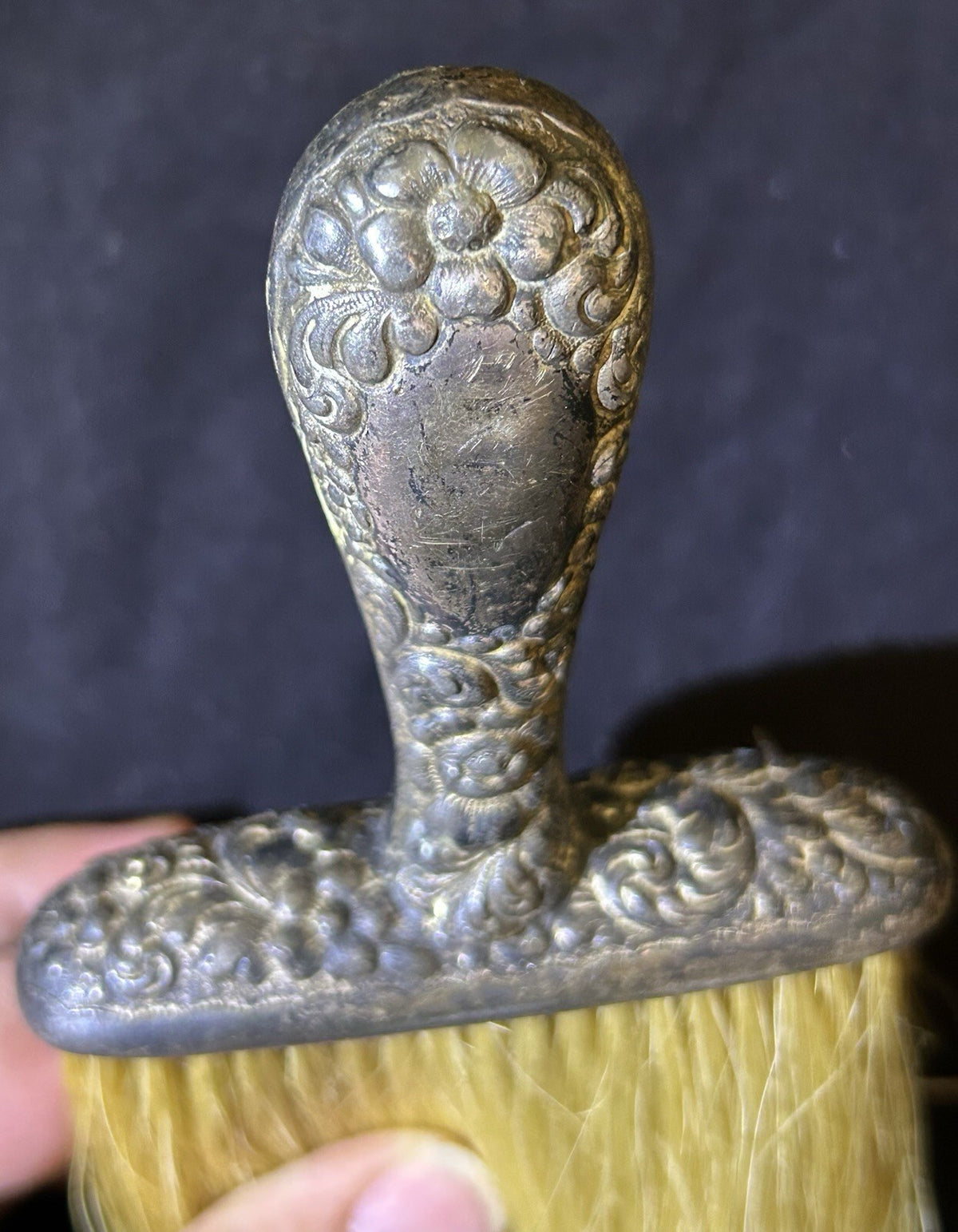 Vintage Ornate Metal Handle Natural Bristle Brush & Rhinestone Hat Stick Pin