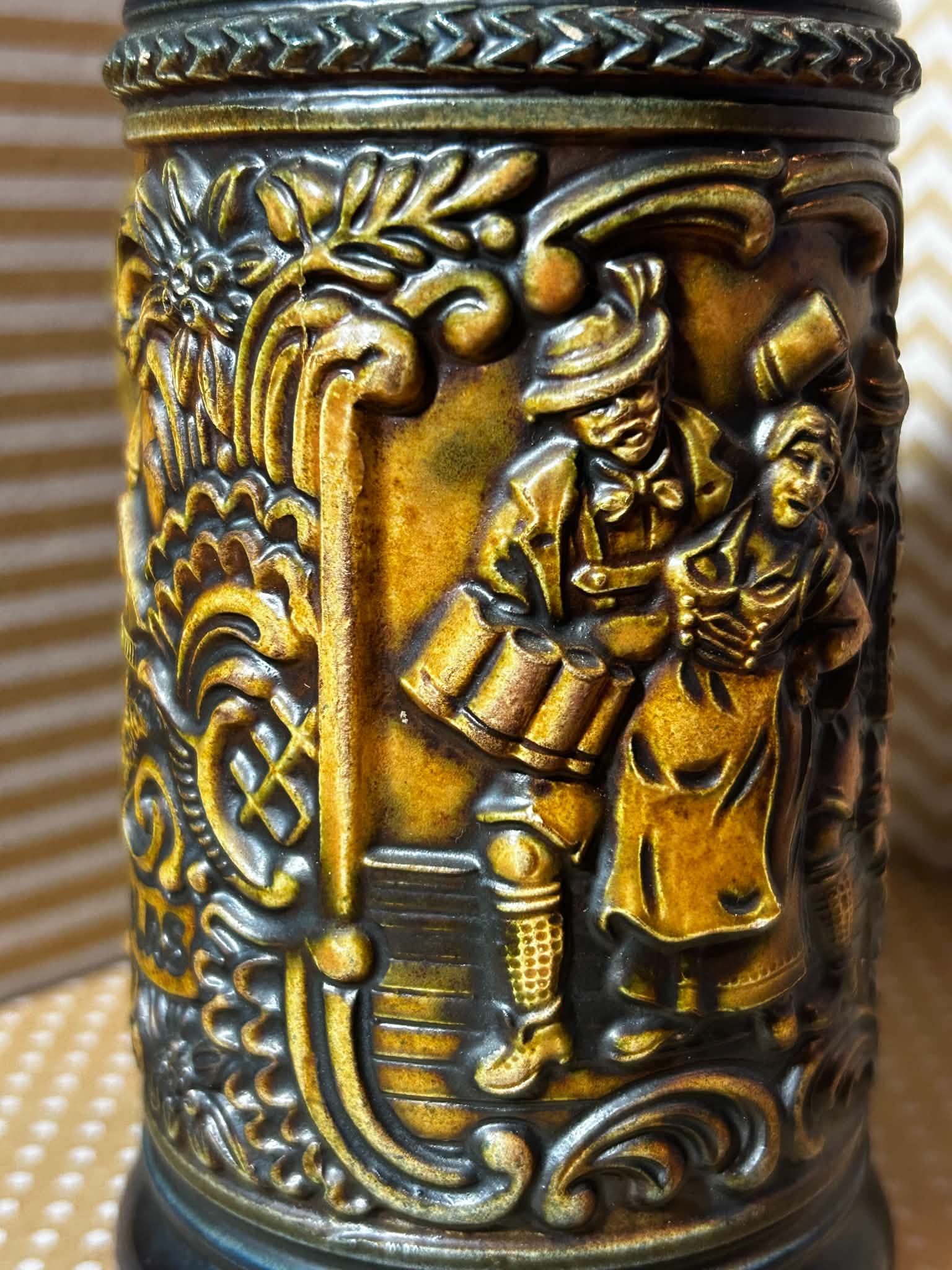 Vintage German DBGM 66 Beer Stein with Pewter Lid and Tavern Scenes