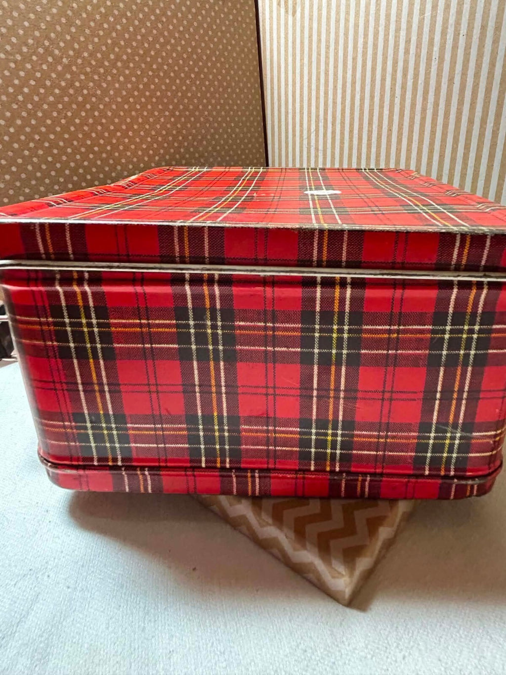 Vintage Aladdin Red Plaid Metal Lunchbox Thermos Safety First School