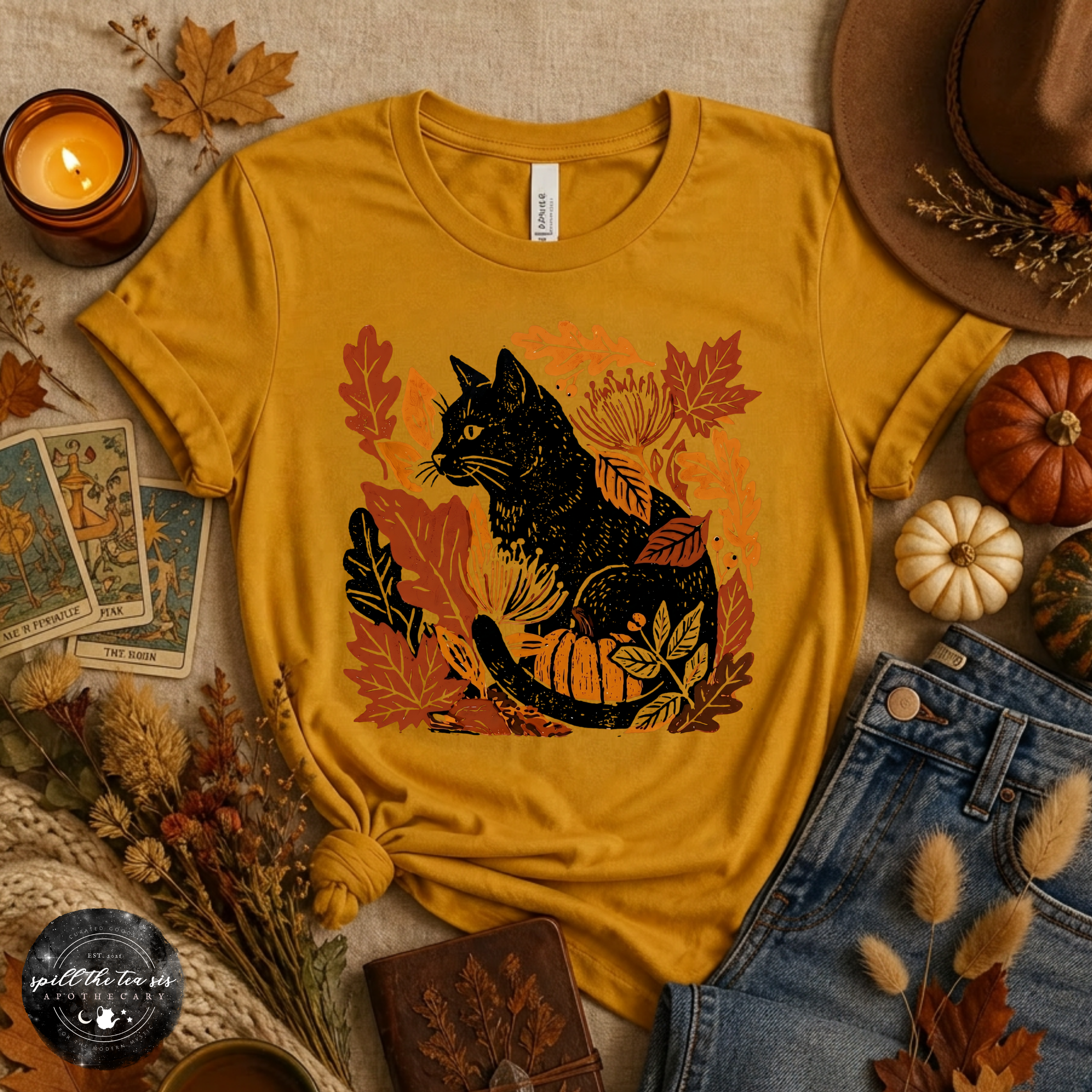 Fall Leaves Black Cat Tee | Autumn Cat Lover Graphic T-Shirt