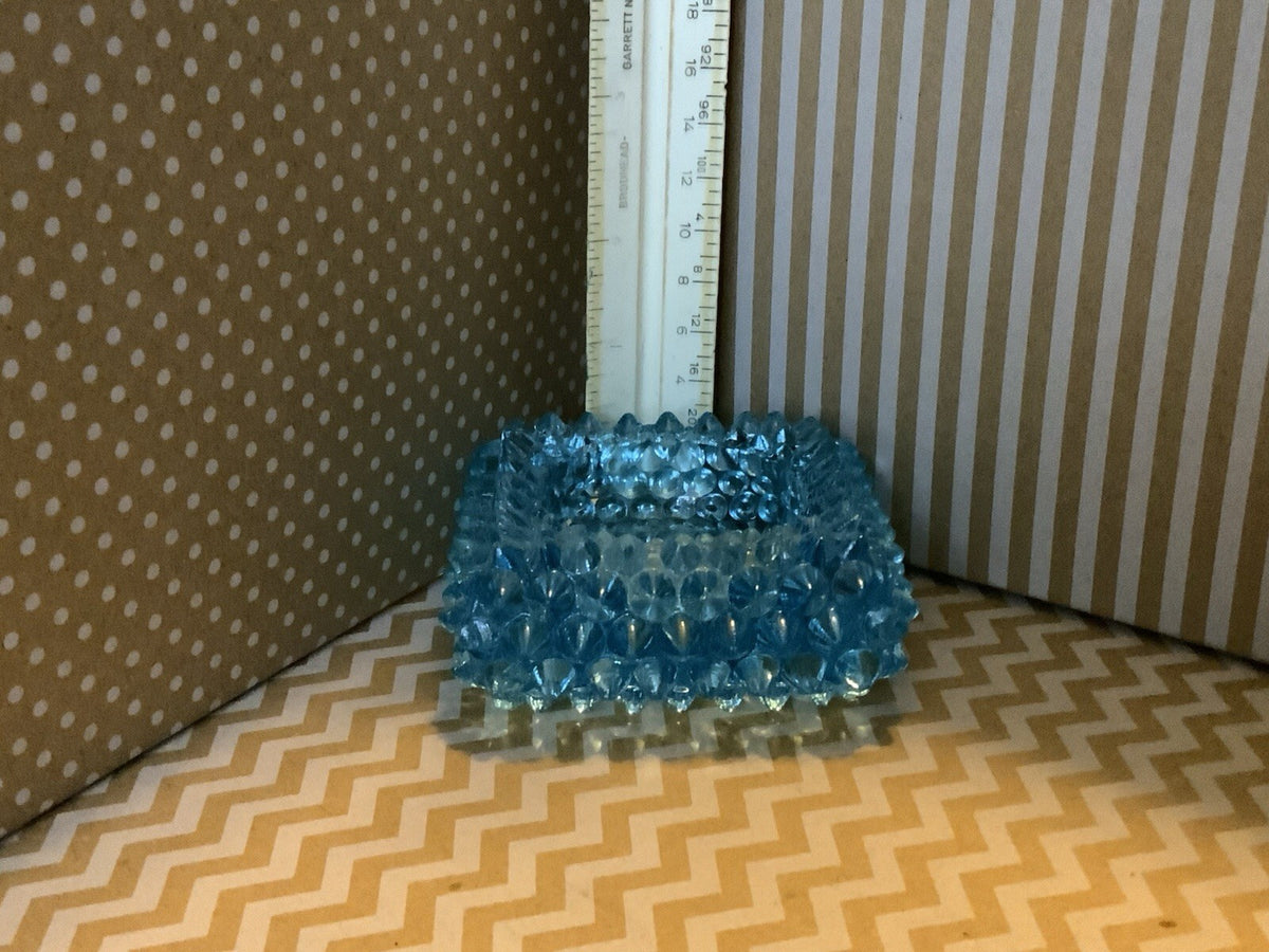 Vintage Aqua Blue Hobnail Glass Square Ashtray Trinket Dish