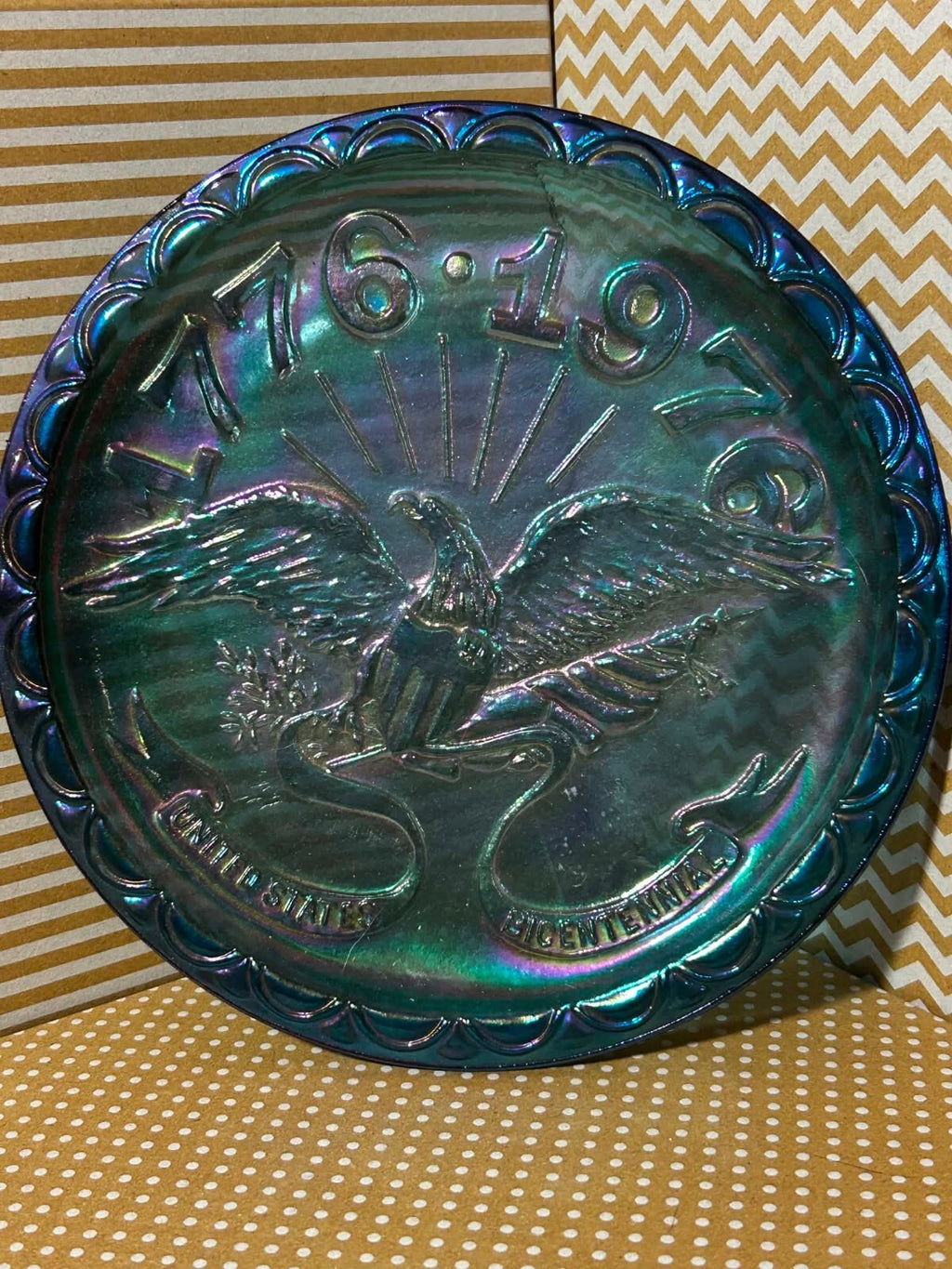 Vintage Indiana Glass Blue Carnival Eagle Plate Bicentennial 1776-1976