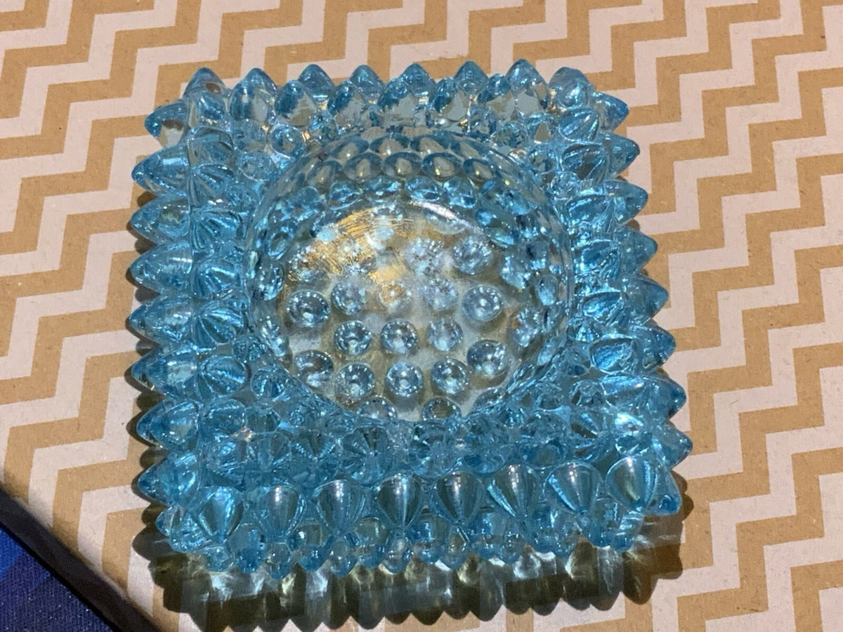 Vintage Aqua Blue Hobnail Glass Square Ashtray Trinket Dish