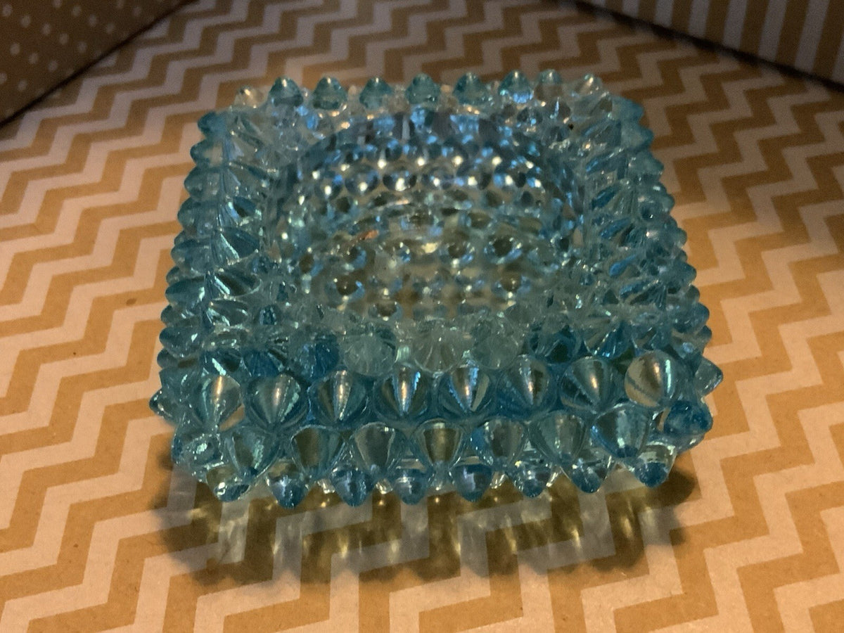 Vintage Aqua Blue Hobnail Glass Square Ashtray Trinket Dish