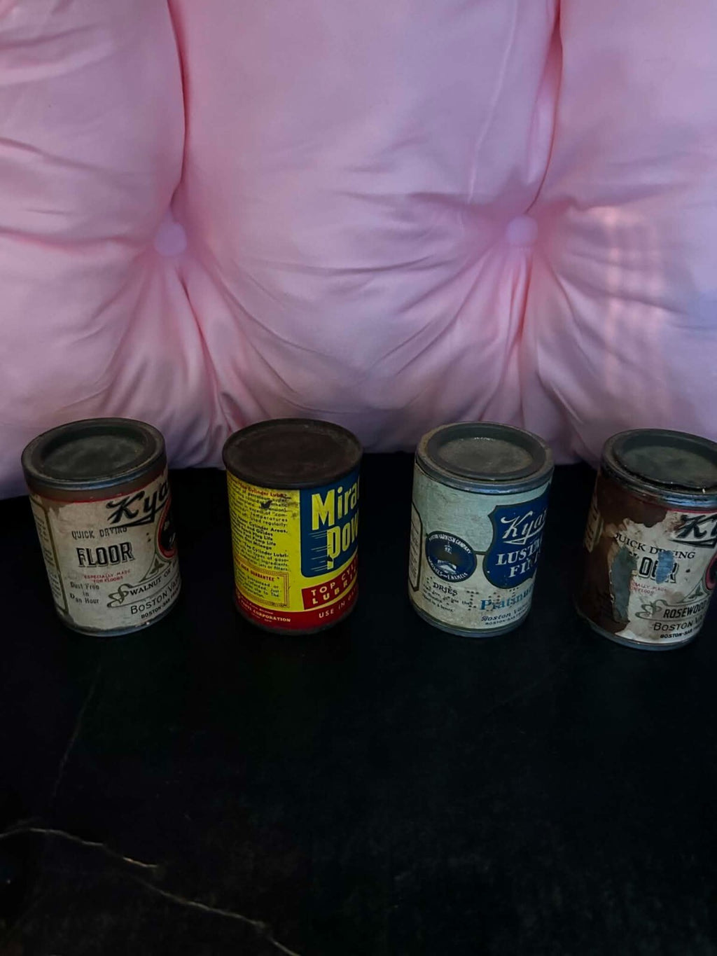 4 Vintage Kyanize & Miracle Power Advertising Oil Paint Tin Cans Gas Station