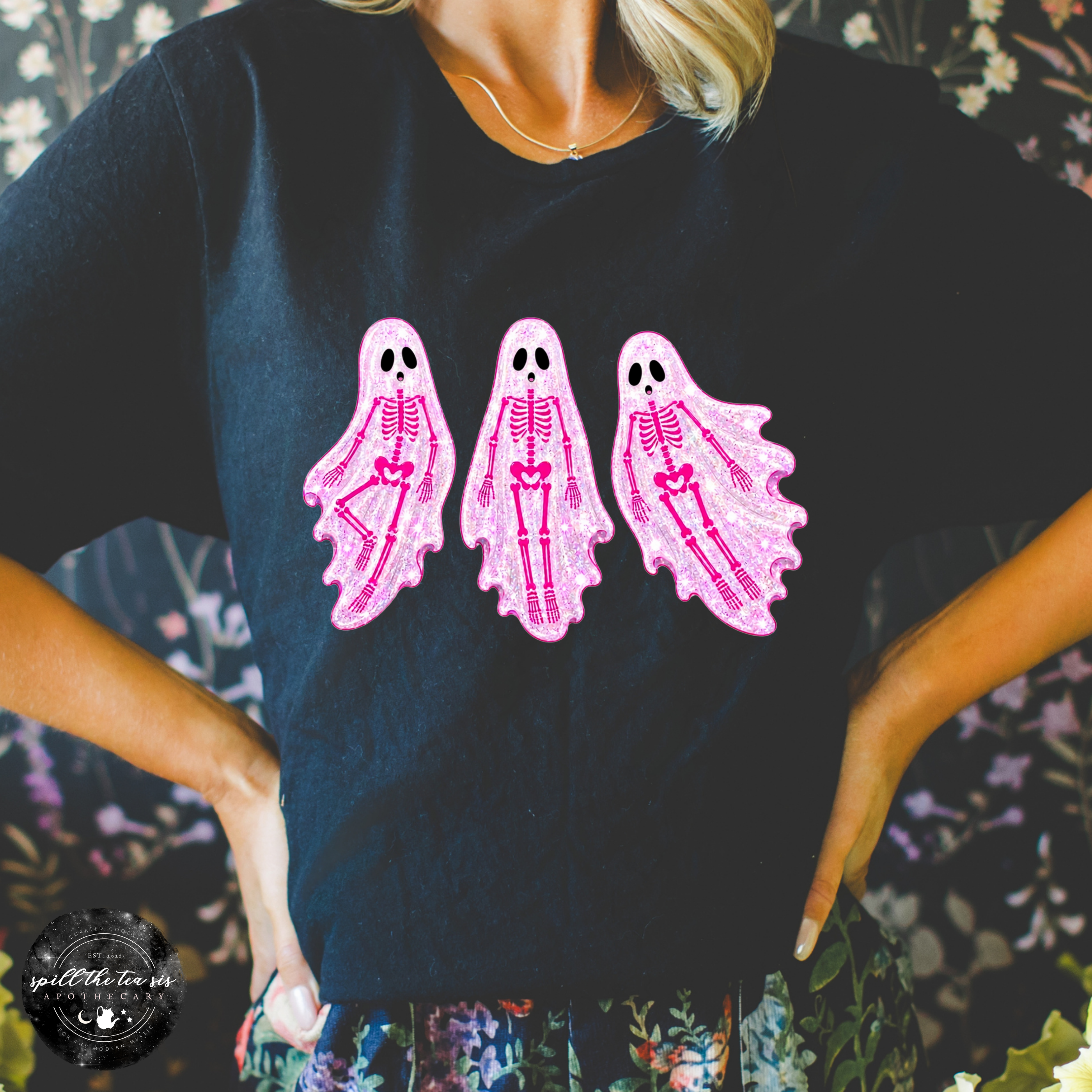 Pink Skeleton Ghosts Tee | Cute Coquette Halloween Graphic T-Shirt