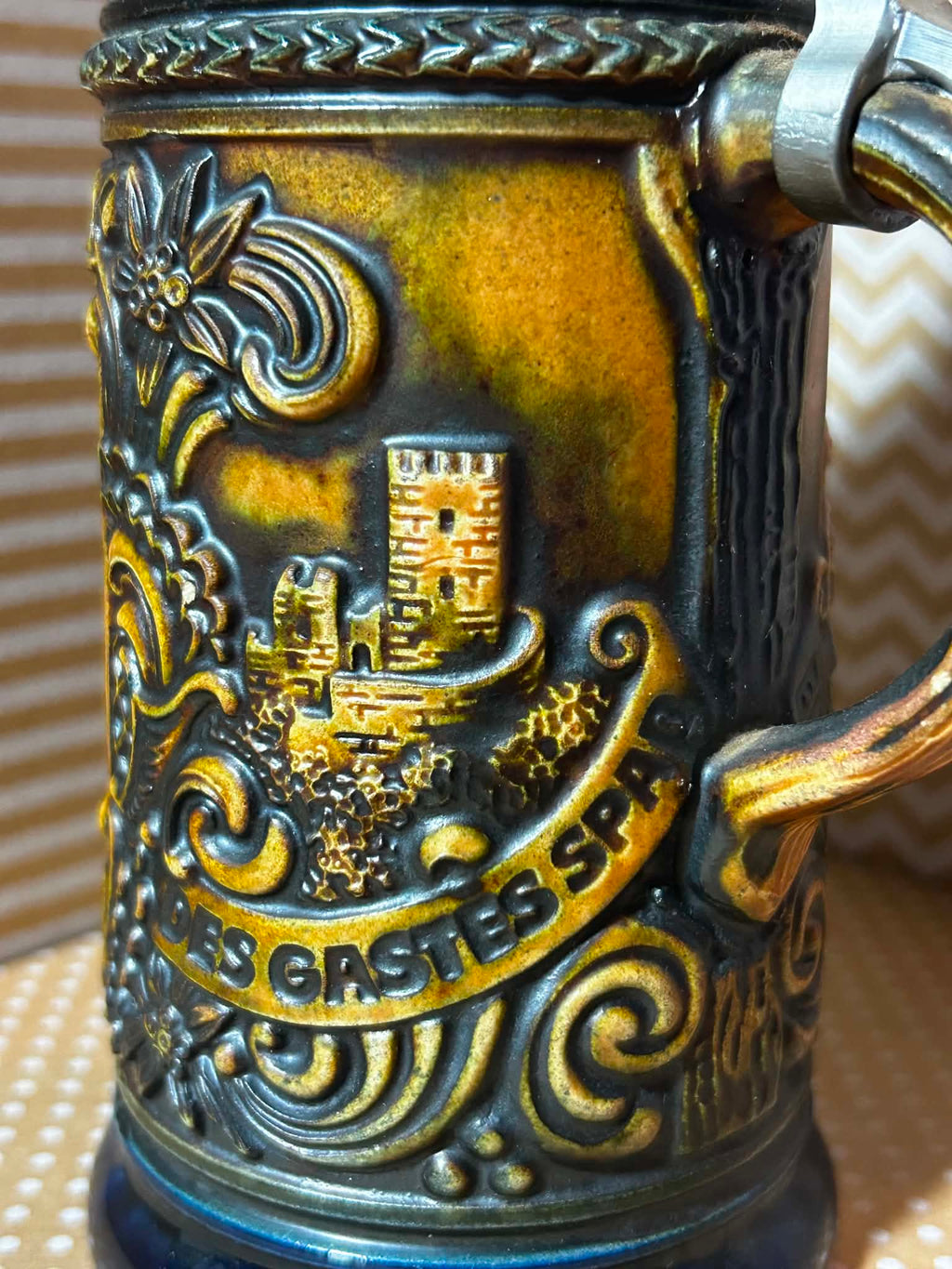 Vintage German DBGM 66 Beer Stein with Pewter Lid and Tavern Scenes