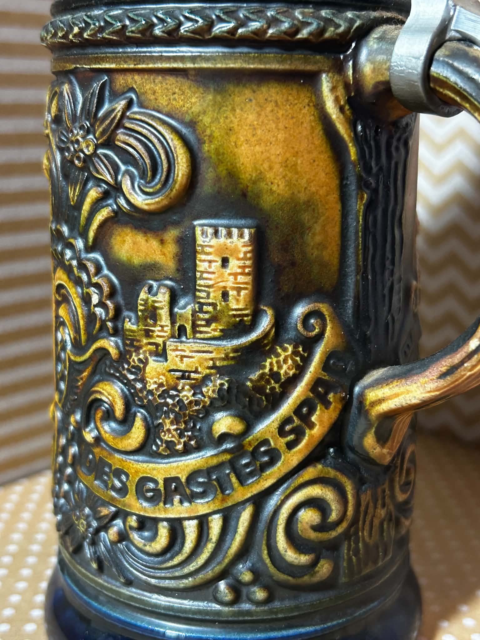 Vintage German DBGM 66 Beer Stein with Pewter Lid and Tavern Scenes