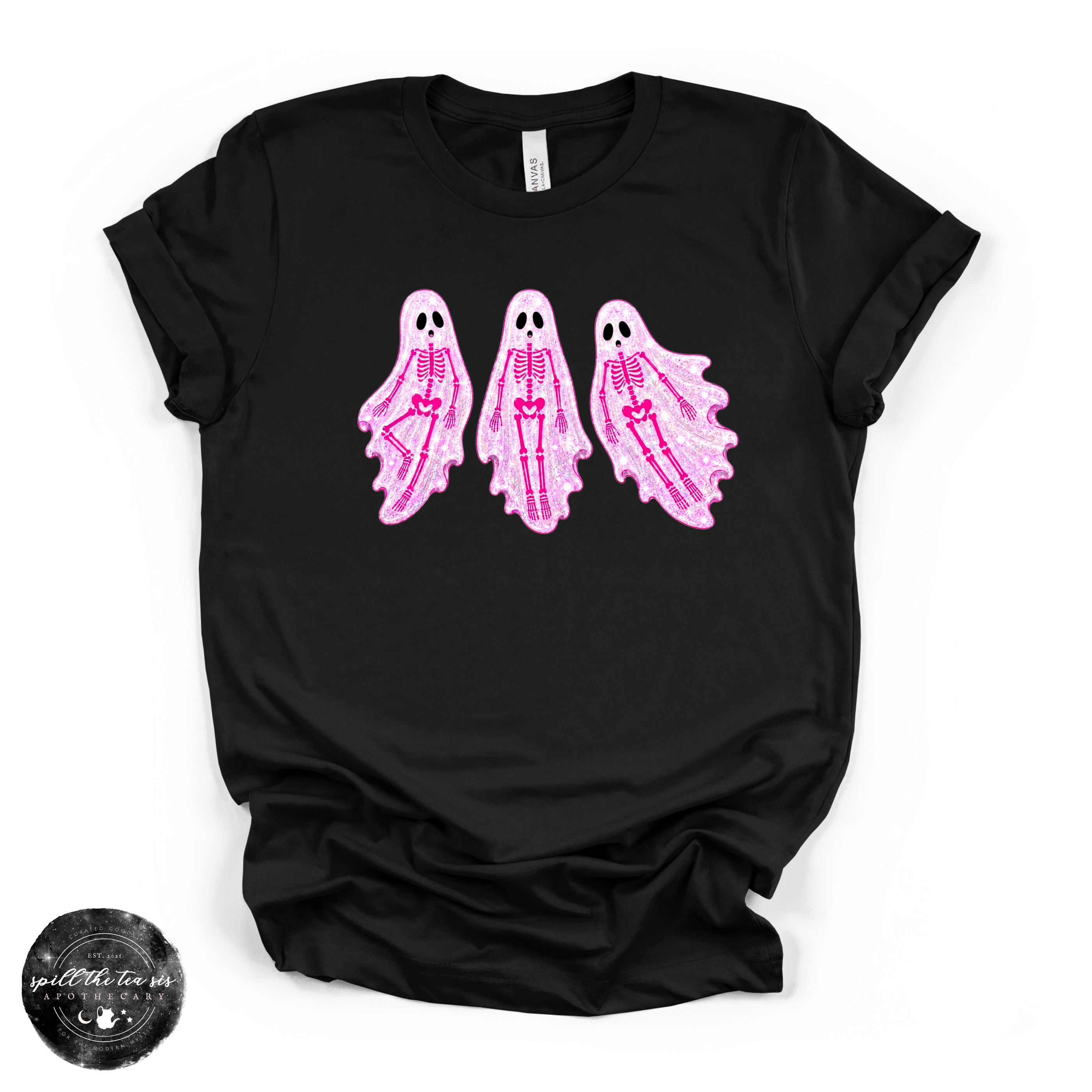Pink Skeleton Ghosts Tee | Cute Coquette Halloween Graphic T-Shirt