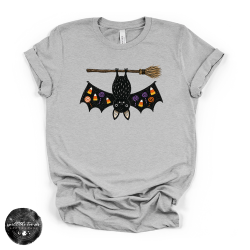 Bat on a Broom Tee | Cute Witchy Halloween Bat Graphic T-Shirt