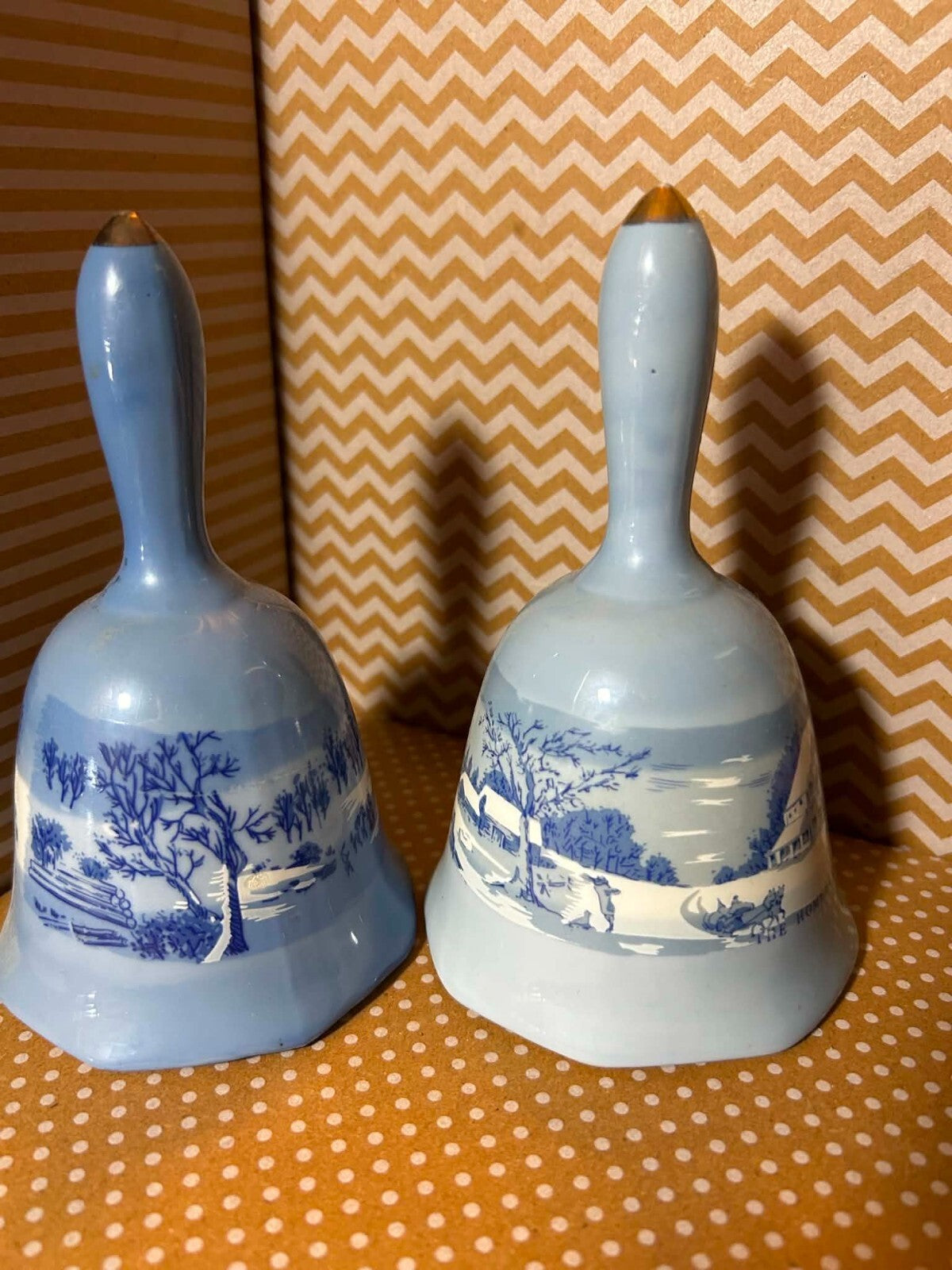 Vintage Currier & Ives Blue Ceramic Bells Price Products Taiwan Pair