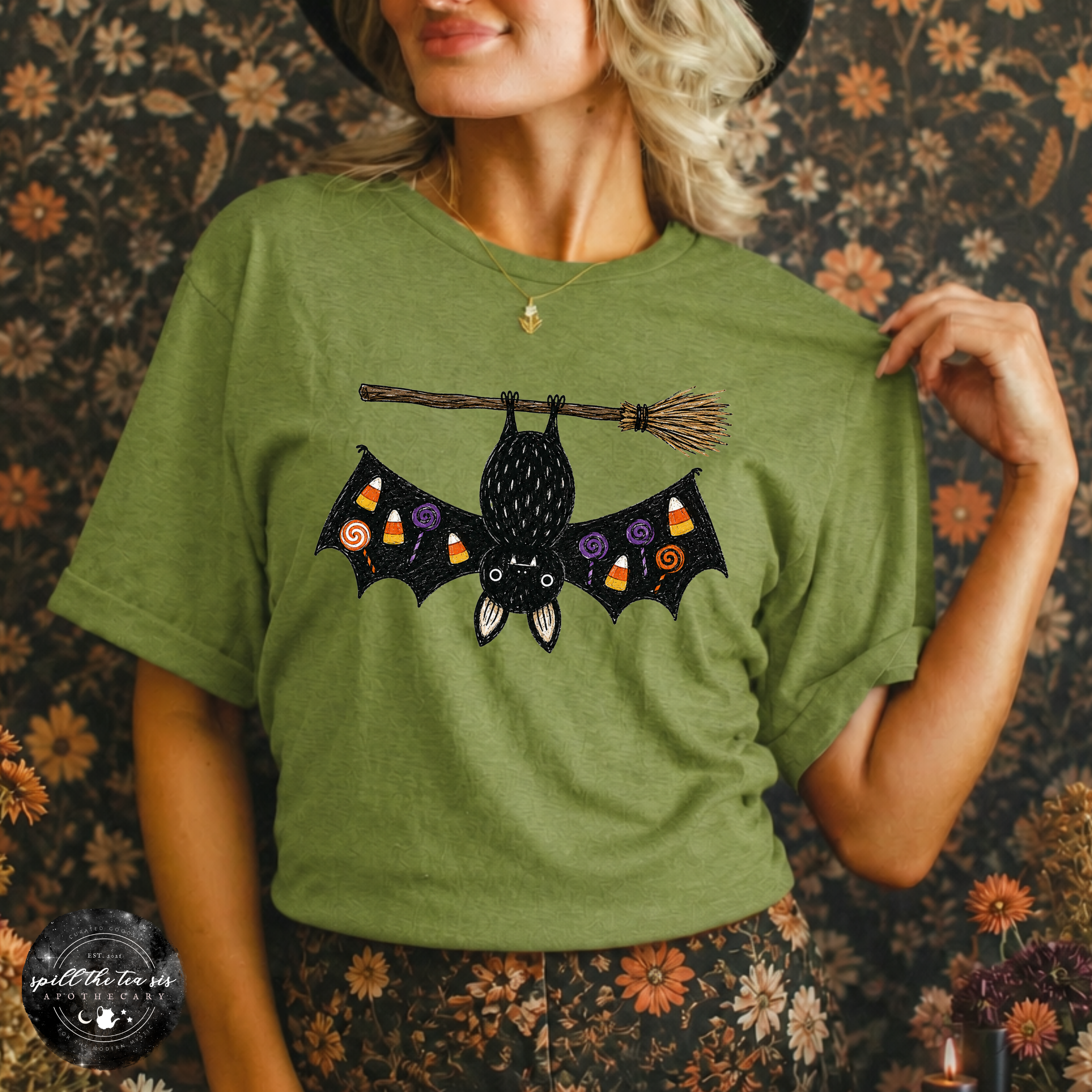 Bat on a Broom Tee | Cute Witchy Halloween Bat Graphic T-Shirt