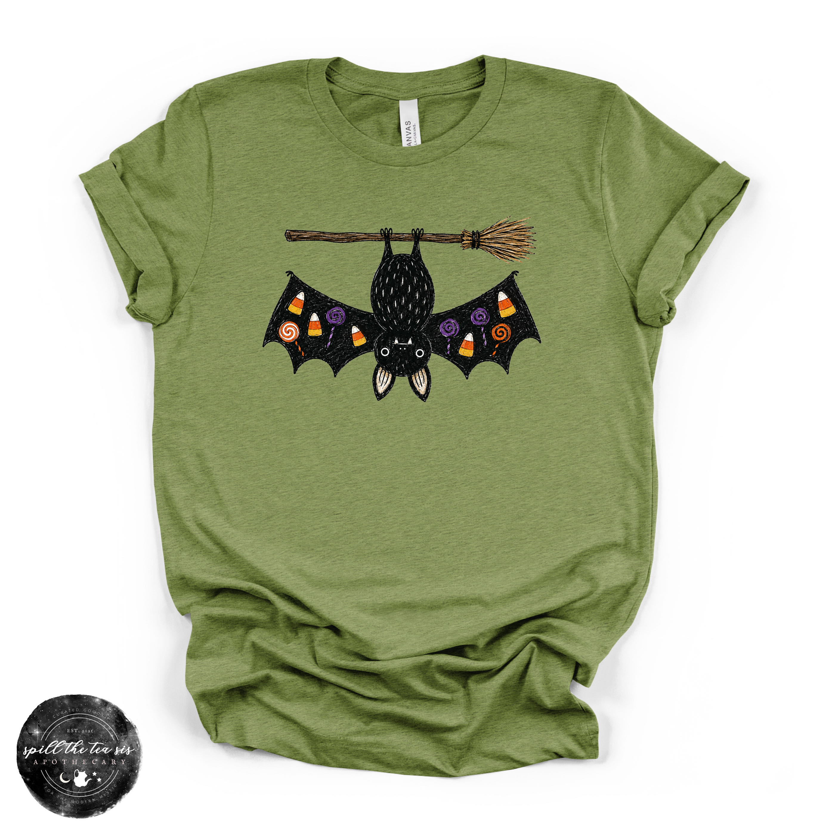 Bat on a Broom Tee | Cute Witchy Halloween Bat Graphic T-Shirt