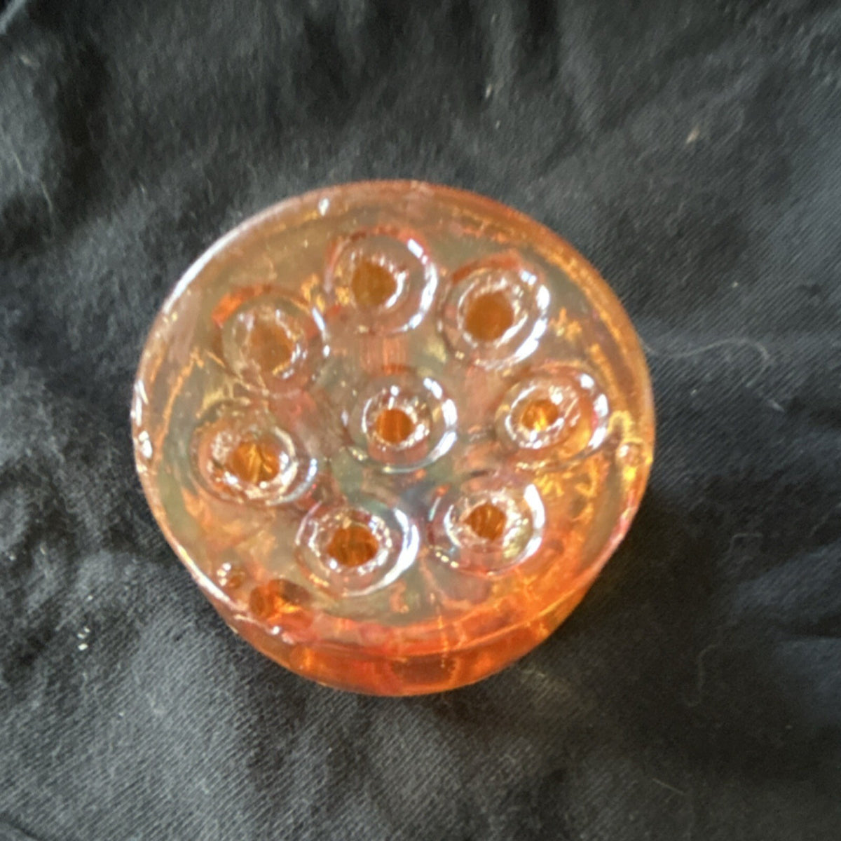 Vintage Amber Iridescent Glass Flower Frog 7 Hole Floral Arranger