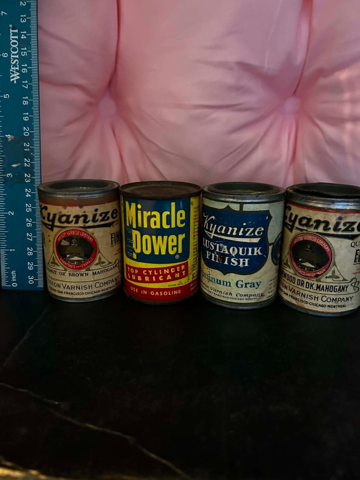 4 Vintage Kyanize & Miracle Power Advertising Oil Paint Tin Cans Gas Station