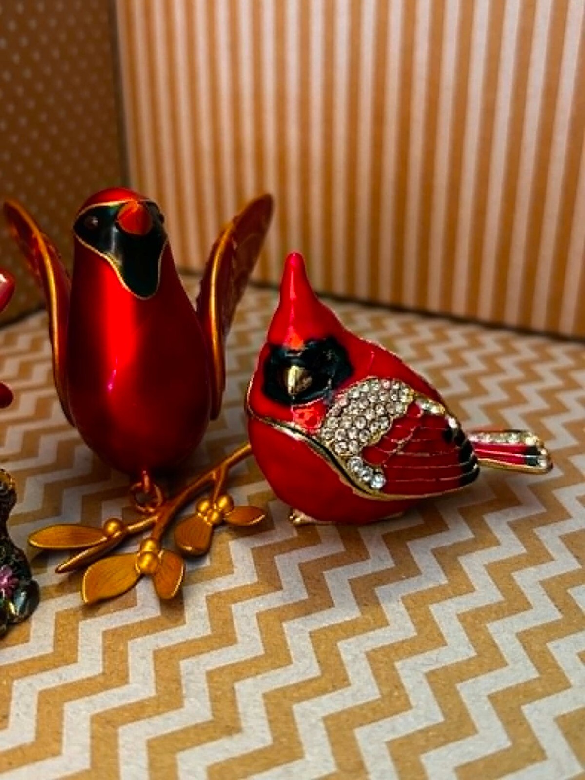 Cardinal Bird Decor Lot 2 Jeweled Trinket Boxes & Hallmark Hanging Cardinal