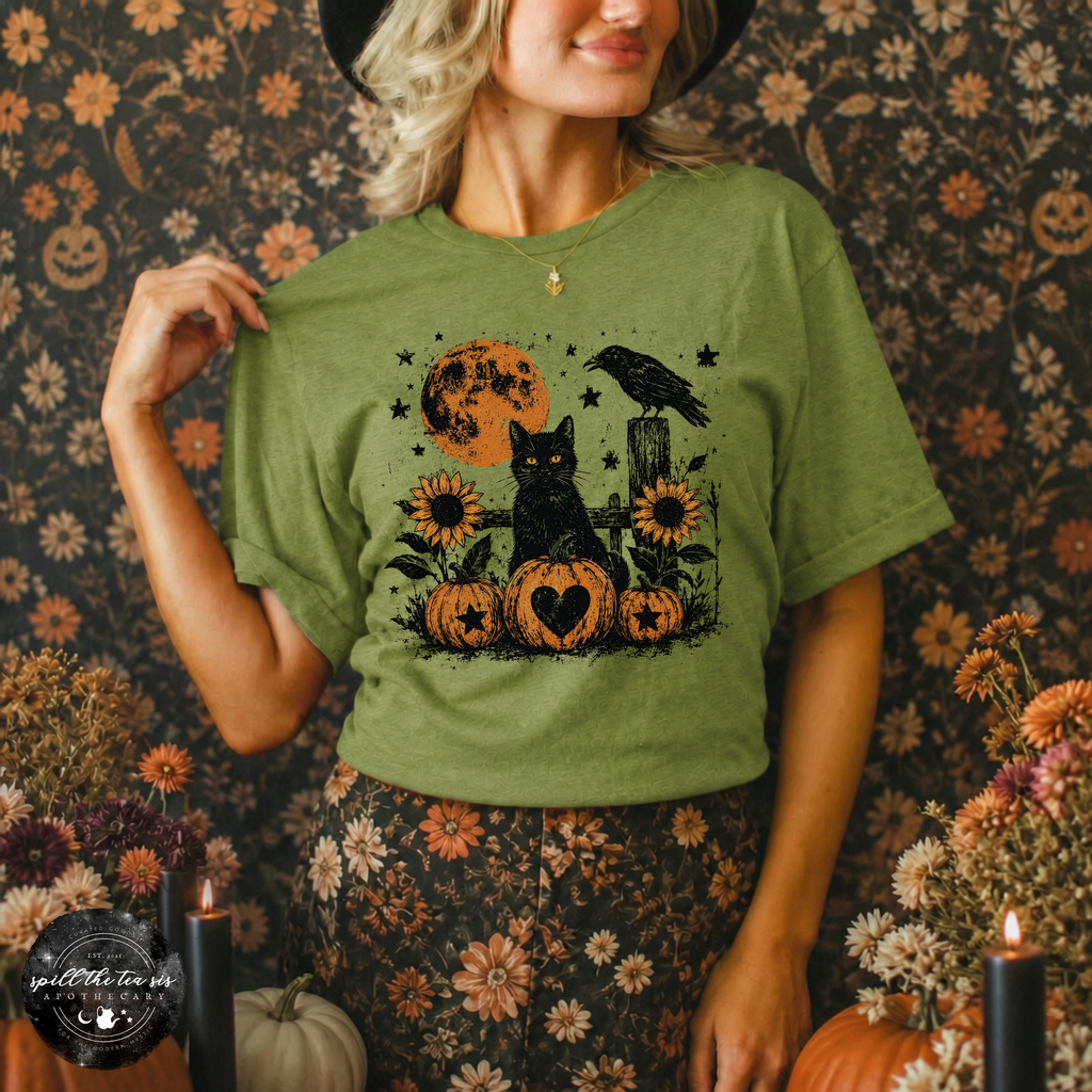 Black Cat & Black Raven Tee | Gothic Woodland Graphic T-Shirt