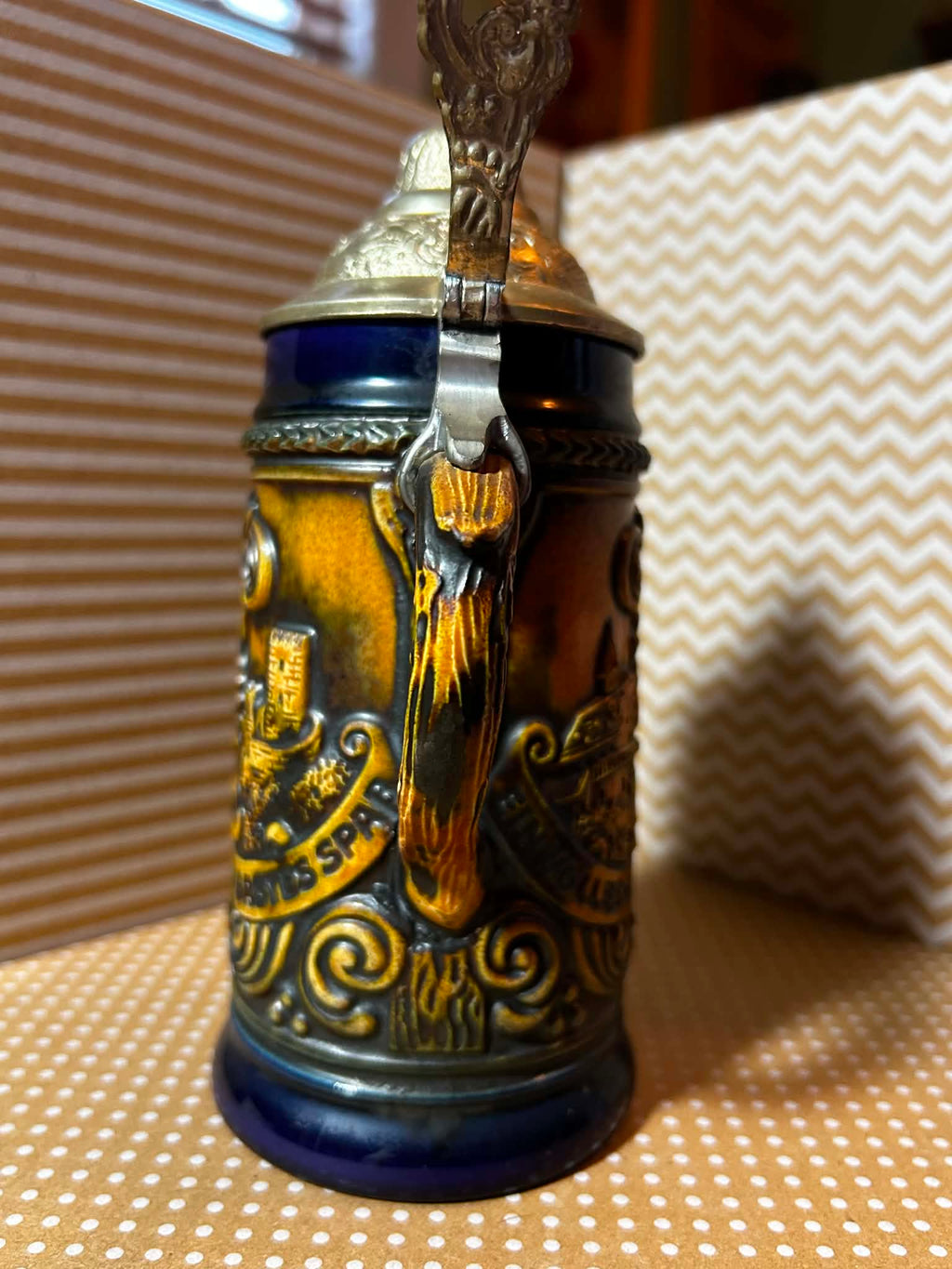 Vintage German DBGM 66 Beer Stein with Pewter Lid and Tavern Scenes