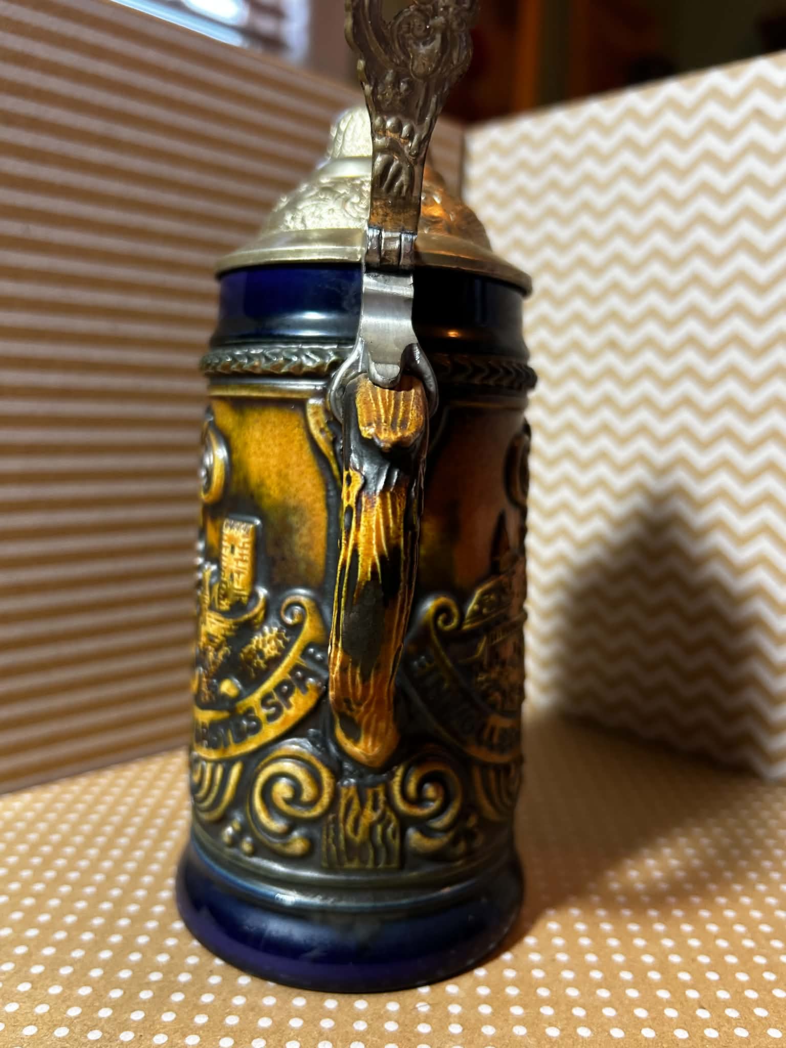 Vintage German DBGM 66 Beer Stein with Pewter Lid and Tavern Scenes