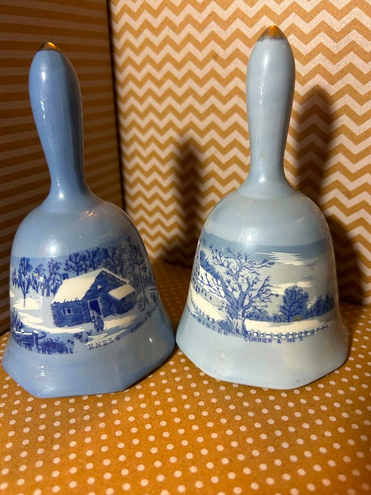 Vintage Currier & Ives Blue Ceramic Bells Price Products Taiwan Pair