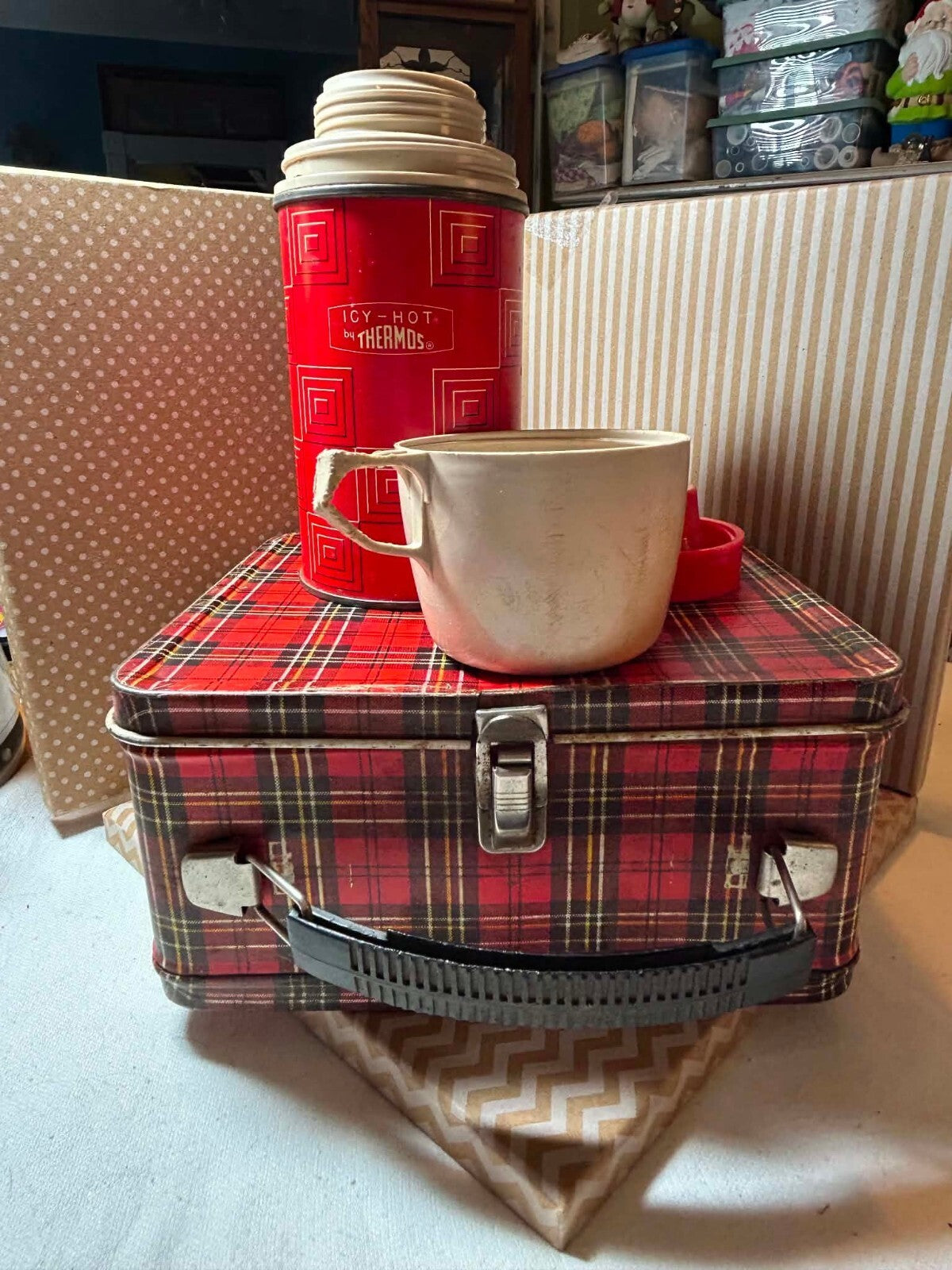 Vintage Aladdin Red Plaid Metal Lunchbox Thermos Safety First School