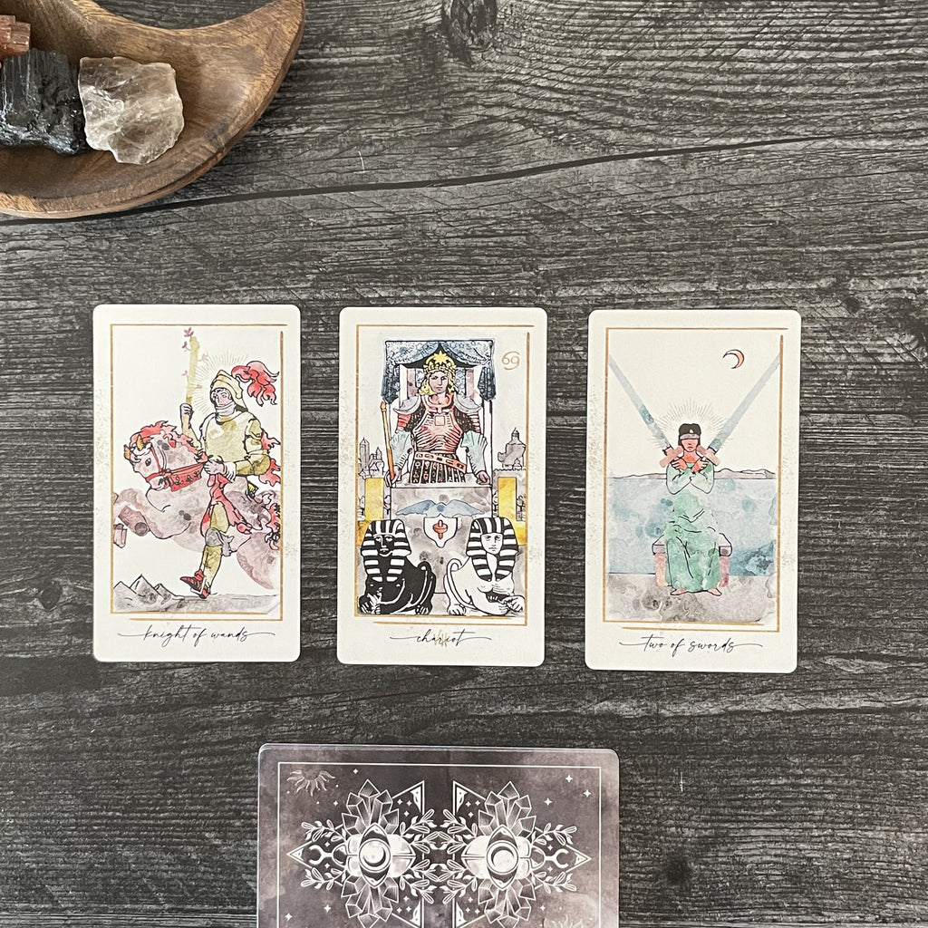 Modern Hue Tarot deck: Rider-Waite-Smith cards recolored in soft watercolor, fanned on a table (image 9)