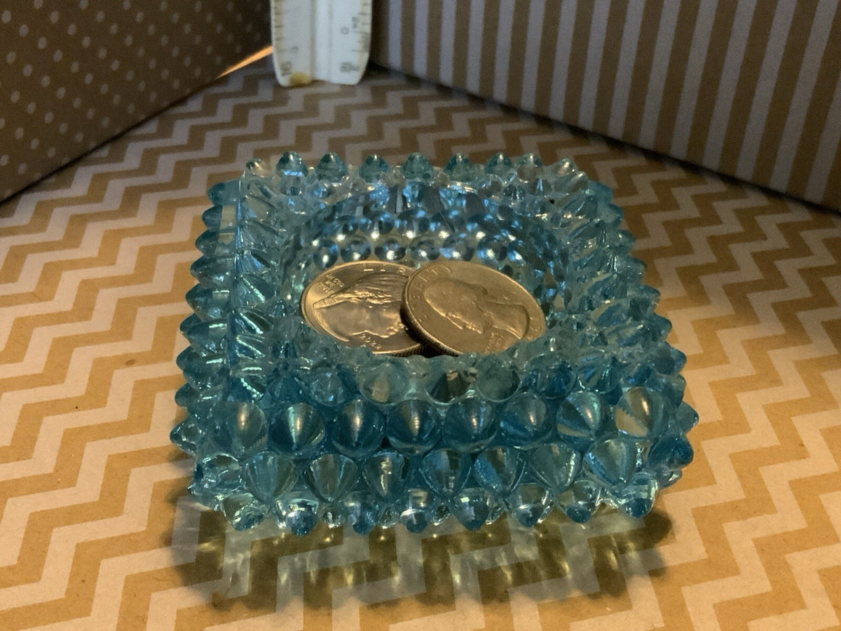 Vintage Aqua Blue Hobnail Glass Square Ashtray Trinket Dish