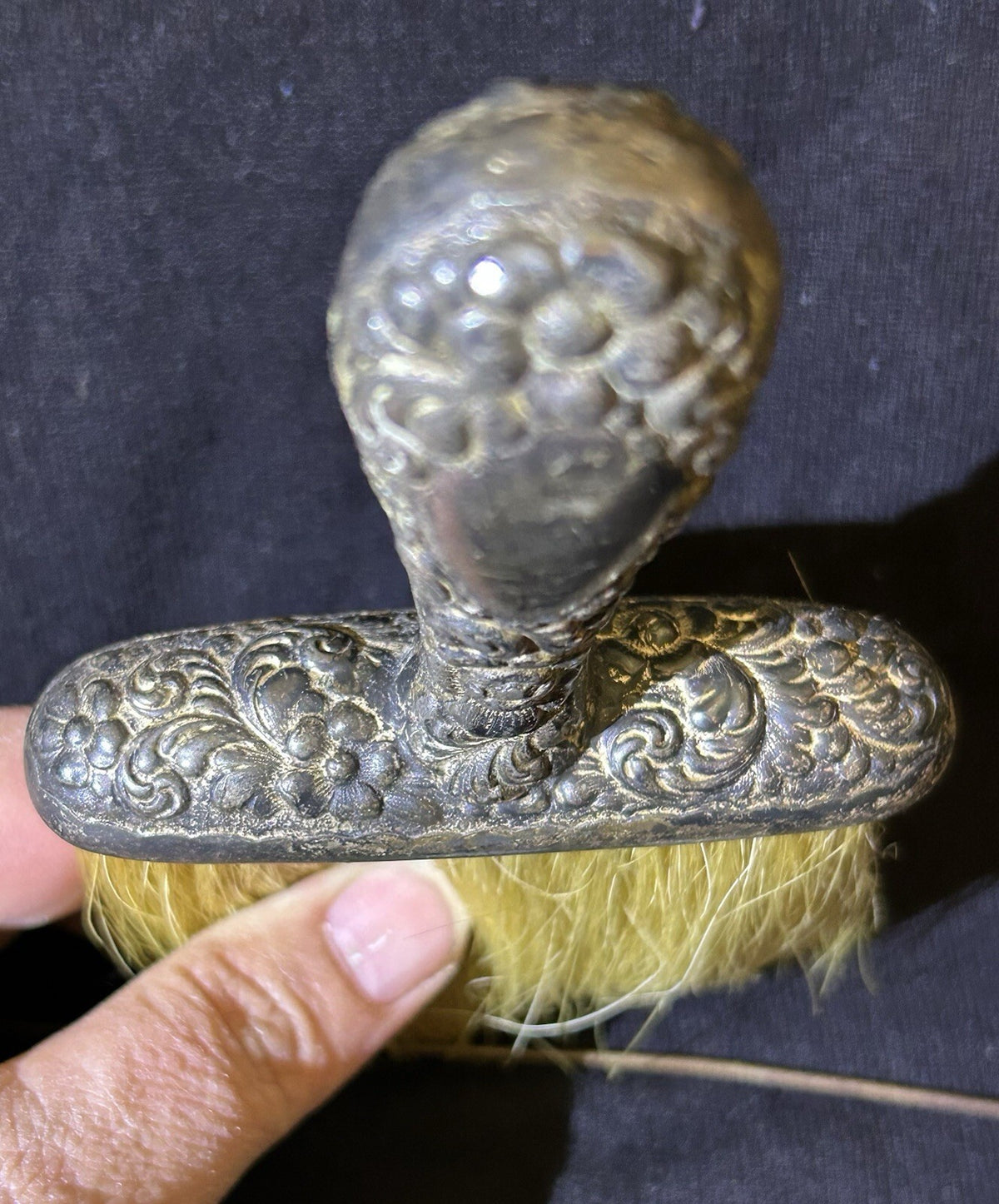 Vintage Ornate Metal Handle Natural Bristle Brush & Rhinestone Hat Stick Pin