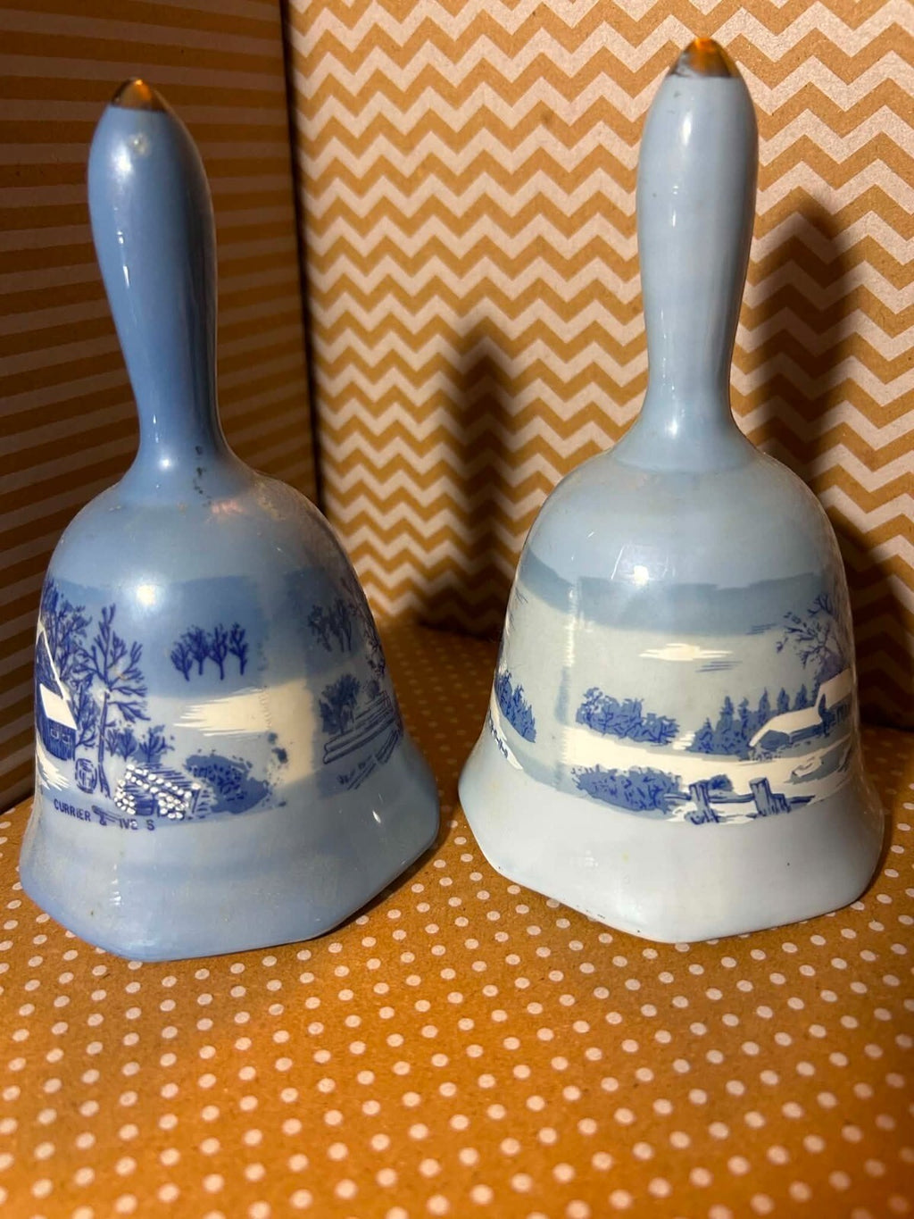 Vintage Currier & Ives Blue Ceramic Bells Price Products Taiwan Pair