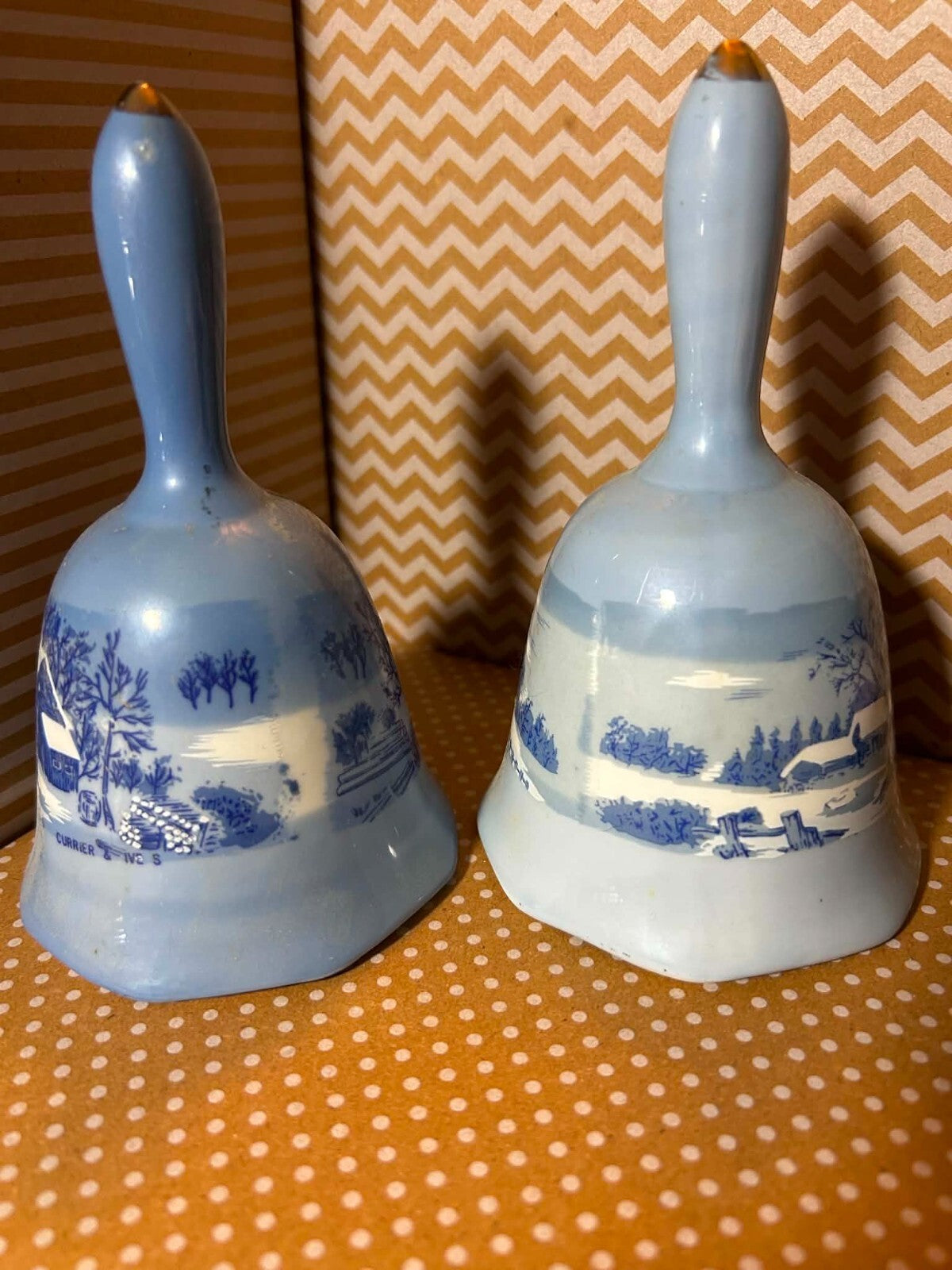 Vintage Currier & Ives Blue Ceramic Bells Price Products Taiwan Pair