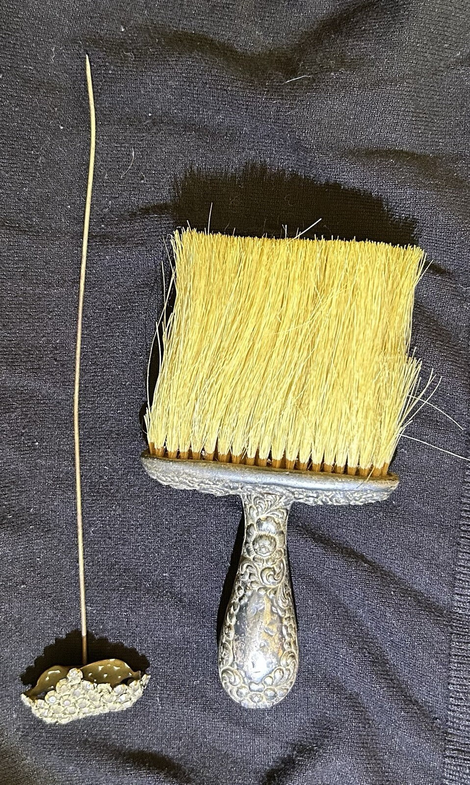 Vintage Ornate Metal Handle Natural Bristle Brush & Rhinestone Hat Stick Pin