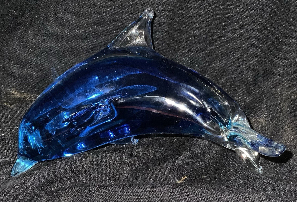 Blue Art Glass Dolphin Figurine Solid Glass Coastal Ocean Decor Collectible