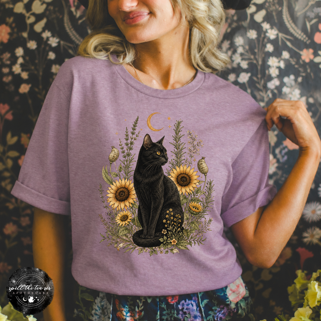 Sunflower Cat Tee | Floral Black Cat Graphic T-Shirt