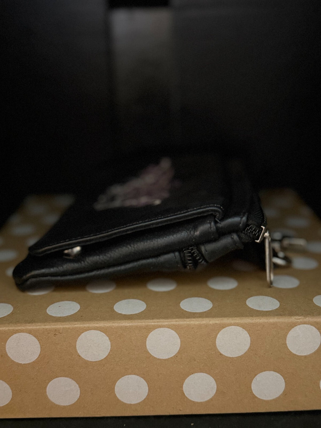 Black Leather Butterfly Embroidered Wristlet Clutch Purse No Strap
