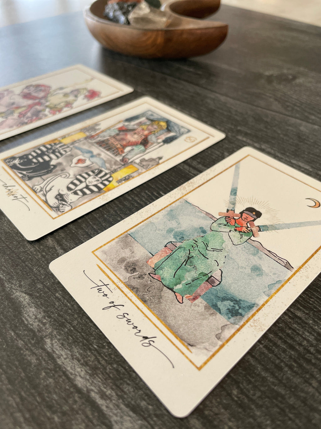 Modern Hue Tarot deck: Rider-Waite-Smith cards recolored in soft watercolor, fanned on a table (image 10)