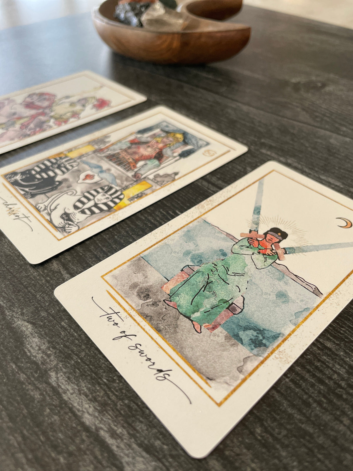 Modern Hue Tarot deck: Rider-Waite-Smith cards recolored in soft watercolor, fanned on a table (image 10)