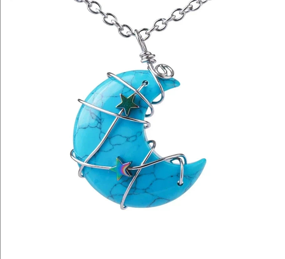 Crystal Crescent Moon and Star Silver Necklace